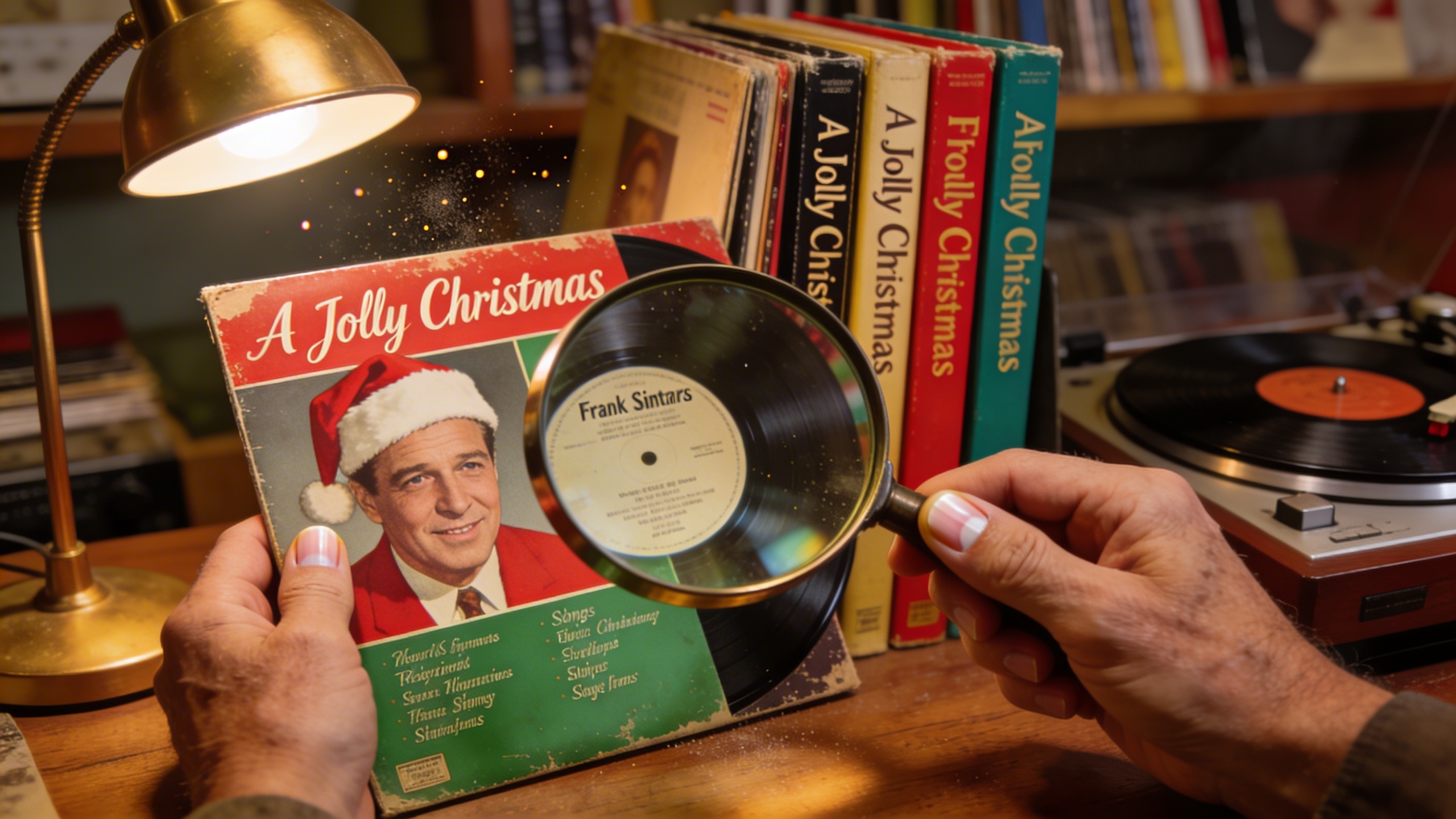Photorealistic: Collector's hands carefully examining Frank Sinatra Christmas album cover 'A Jolly Christmas' with magnifying glass, showing attention to pressing details and condition, warm desk lamp