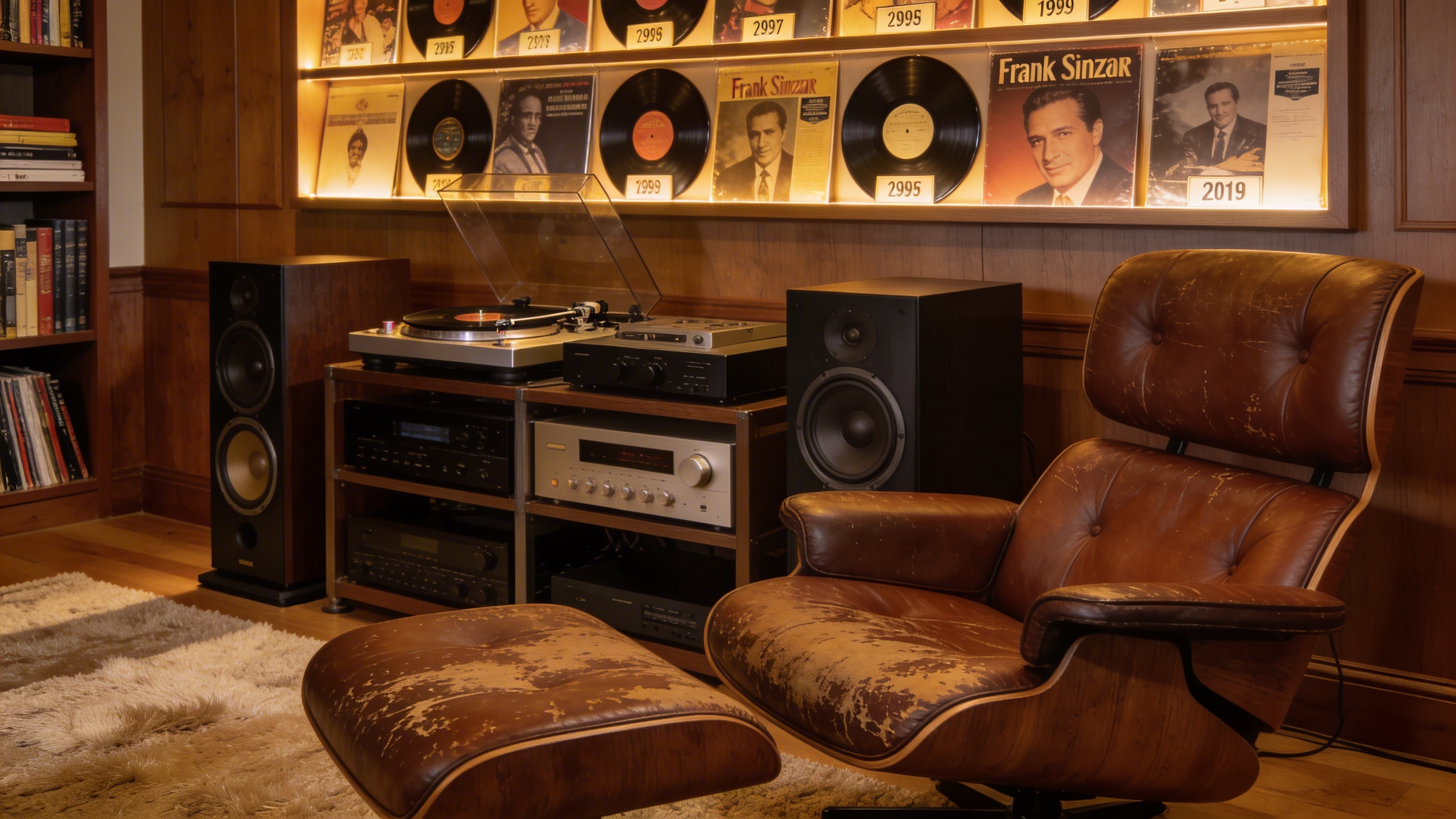 Photorealistic: Sophisticated home listening room with wall-mounted display of Frank Sinatra vinyl collection, organized by label and era, warm ambient lighting, comfortable leather chair and high-end