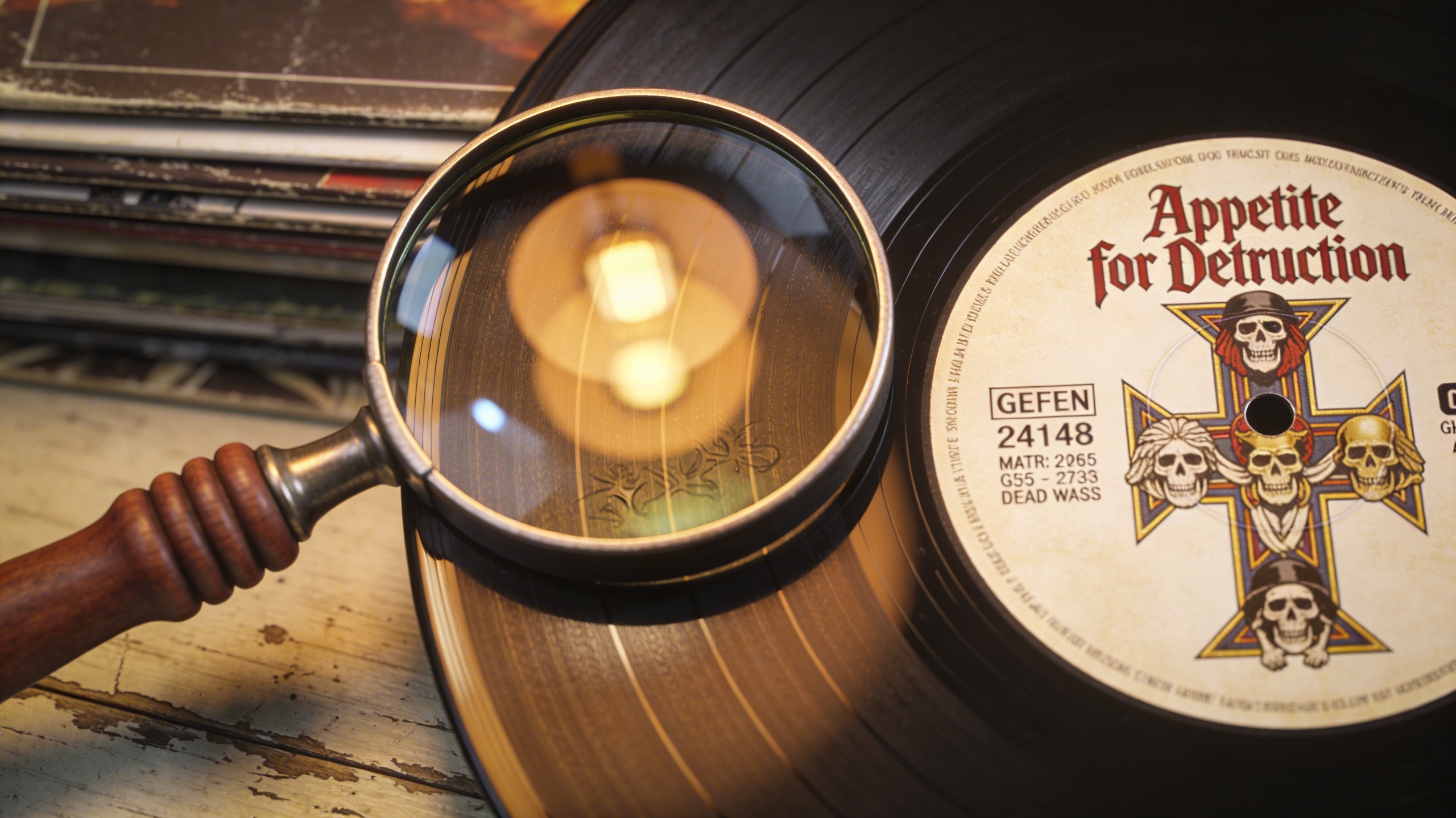 Photorealistic: Close-up of Appetite for Destruction vinyl label showing Geffen GHS 24148 catalog number and matrix numbers in dead wax area, magnifying glass nearby, warm tungsten lighting, collector