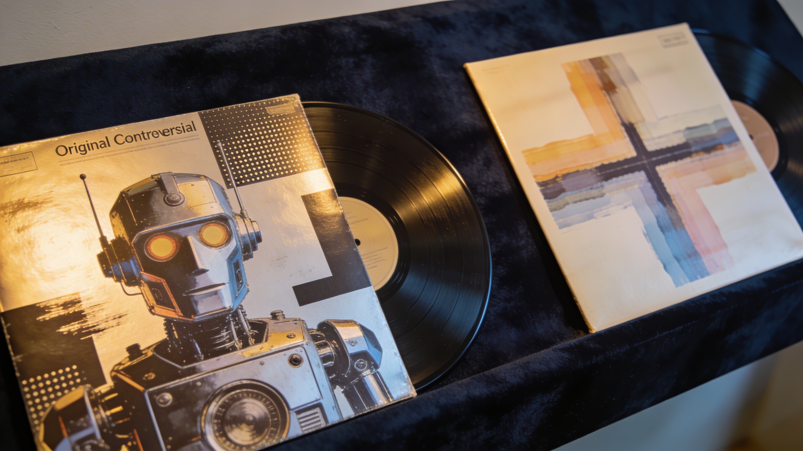 Photorealistic: Side-by-side comparison of original controversial robot cover and later cross cover artwork, both vinyl records displayed on dark velvet surface, museum-quality lighting highlighting c