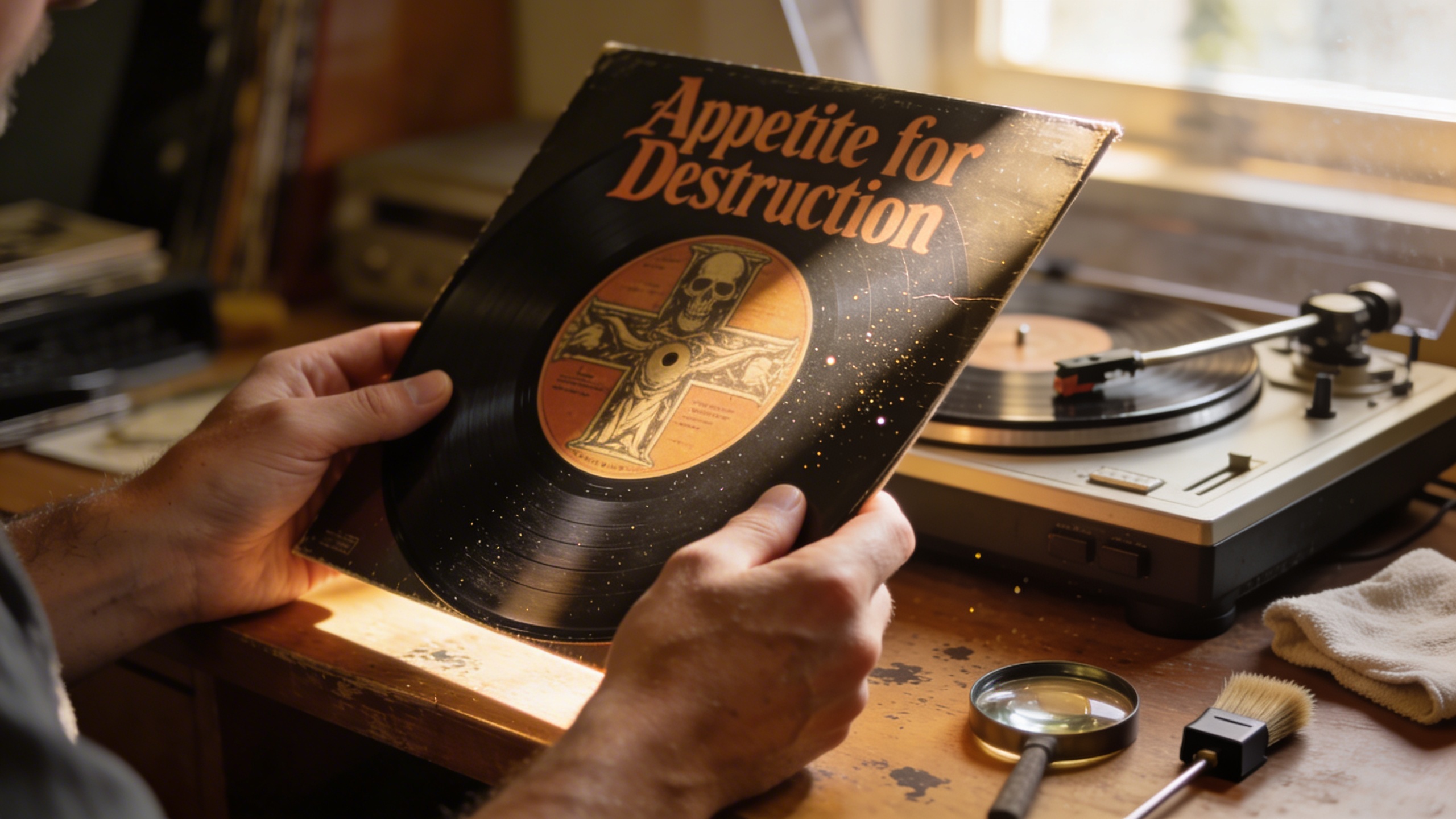 Photorealistic: Vinyl collector's hands carefully examining Appetite for Destruction record surface for scratches and wear, soft natural lighting from nearby window, vintage turntable and grading tool