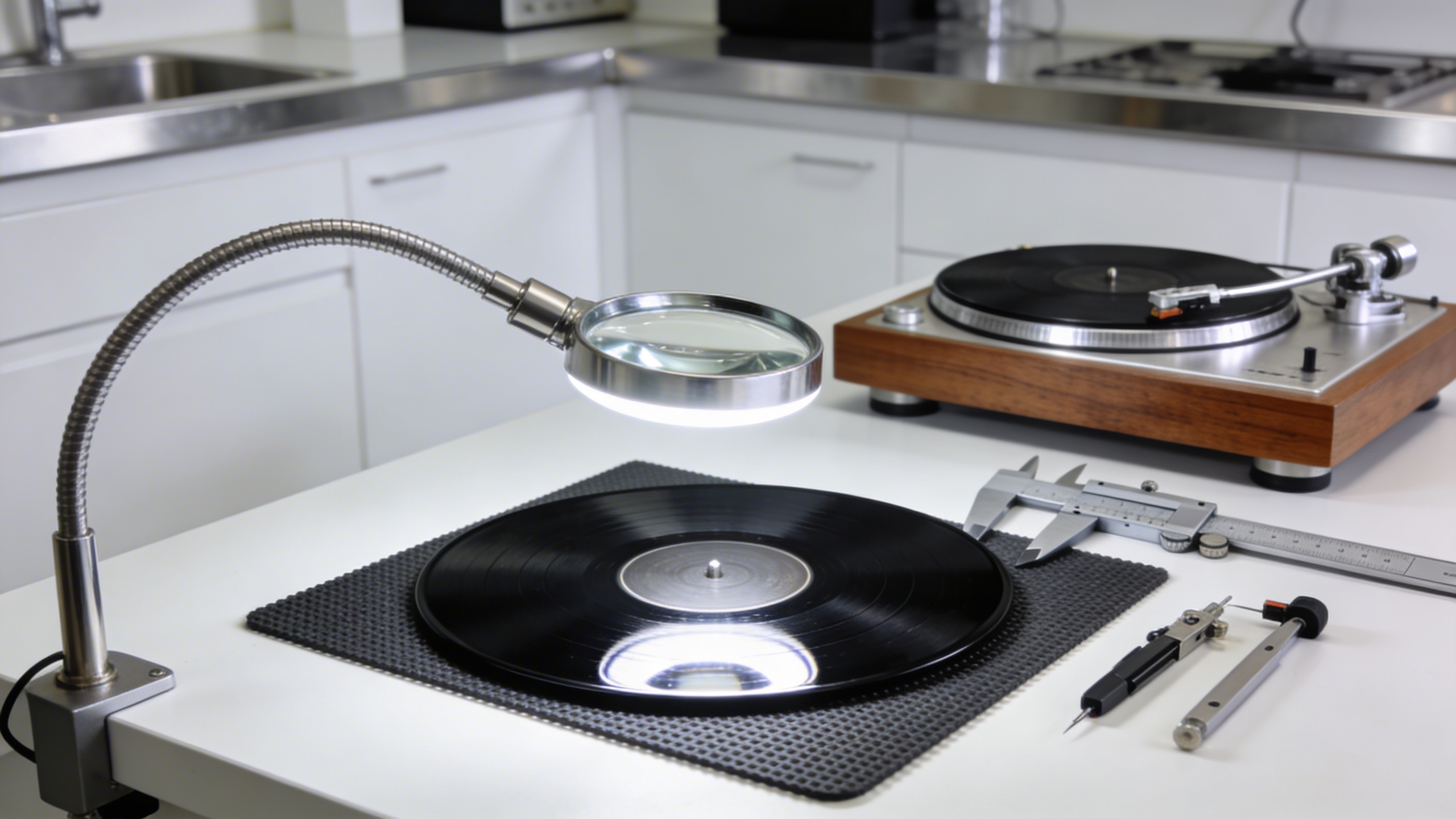 Photorealistic: Collection of valuable 78 RPM records stacked on aged wooden shelf, morning sunlight filtering through vintage record shop window, dust motes visible in golden light beams, authentic c