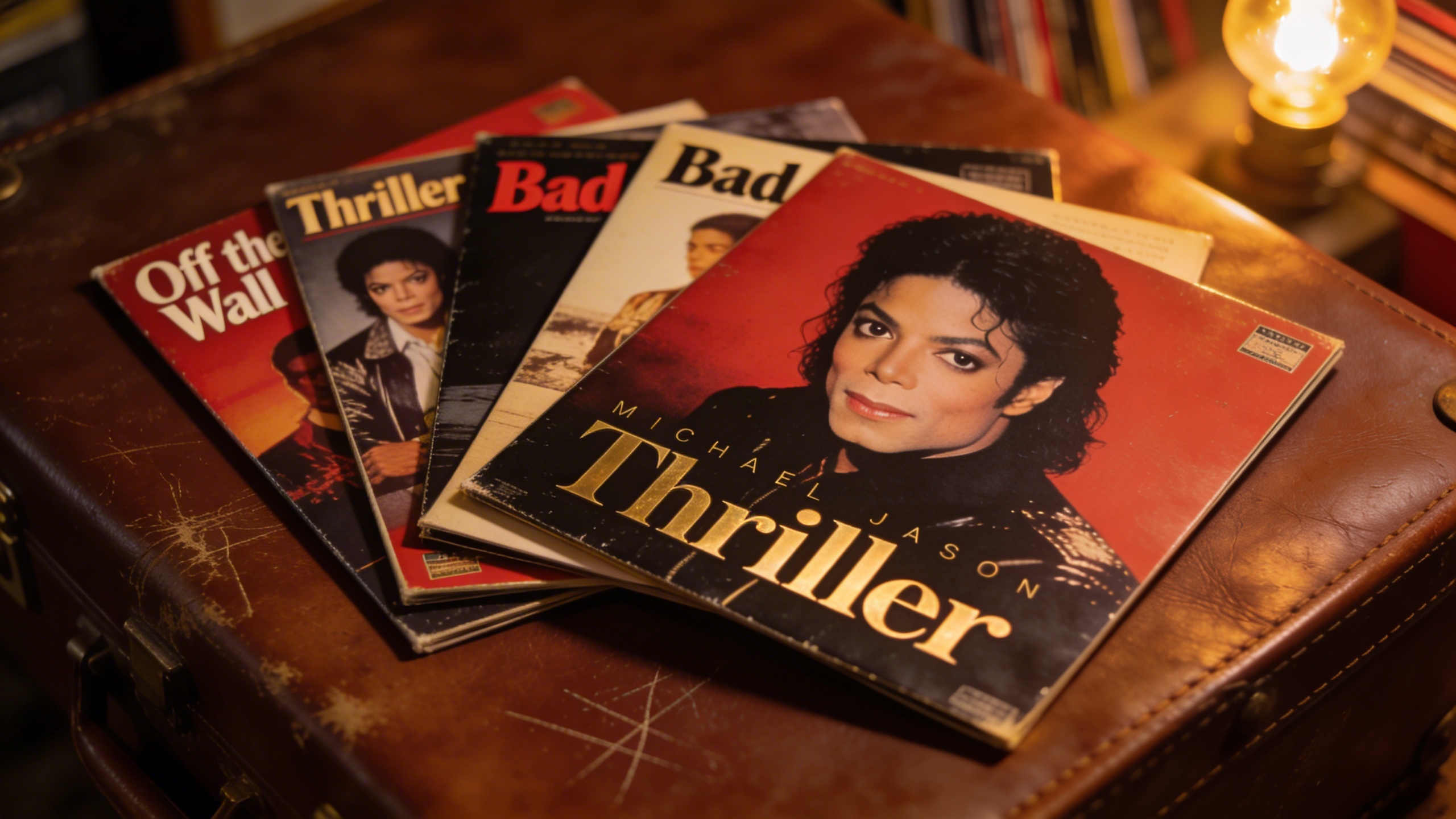 Photorealistic: Close-up of multiple Michael Jackson album covers fanned out on a leather-bound surface, Off the Wall, Thriller, and Bad visible, warm incandescent lighting, vintage record store aesth