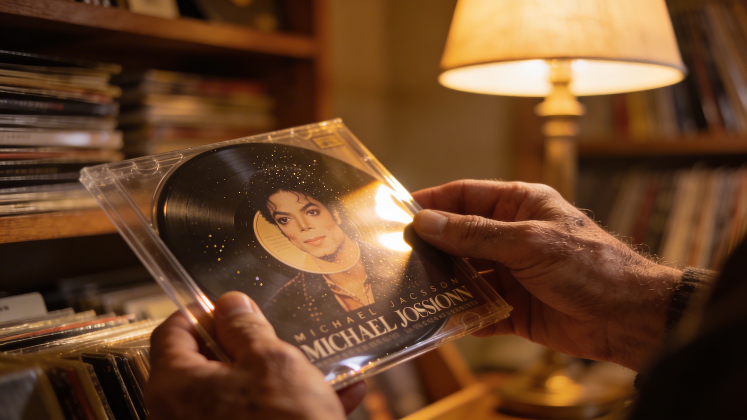 Photorealistic: Collector's hands carefully examining a Michael Jackson vinyl record in protective sleeve, cozy record room with warm lamp lighting, shelves of vinyl in soft background blur, intimate 