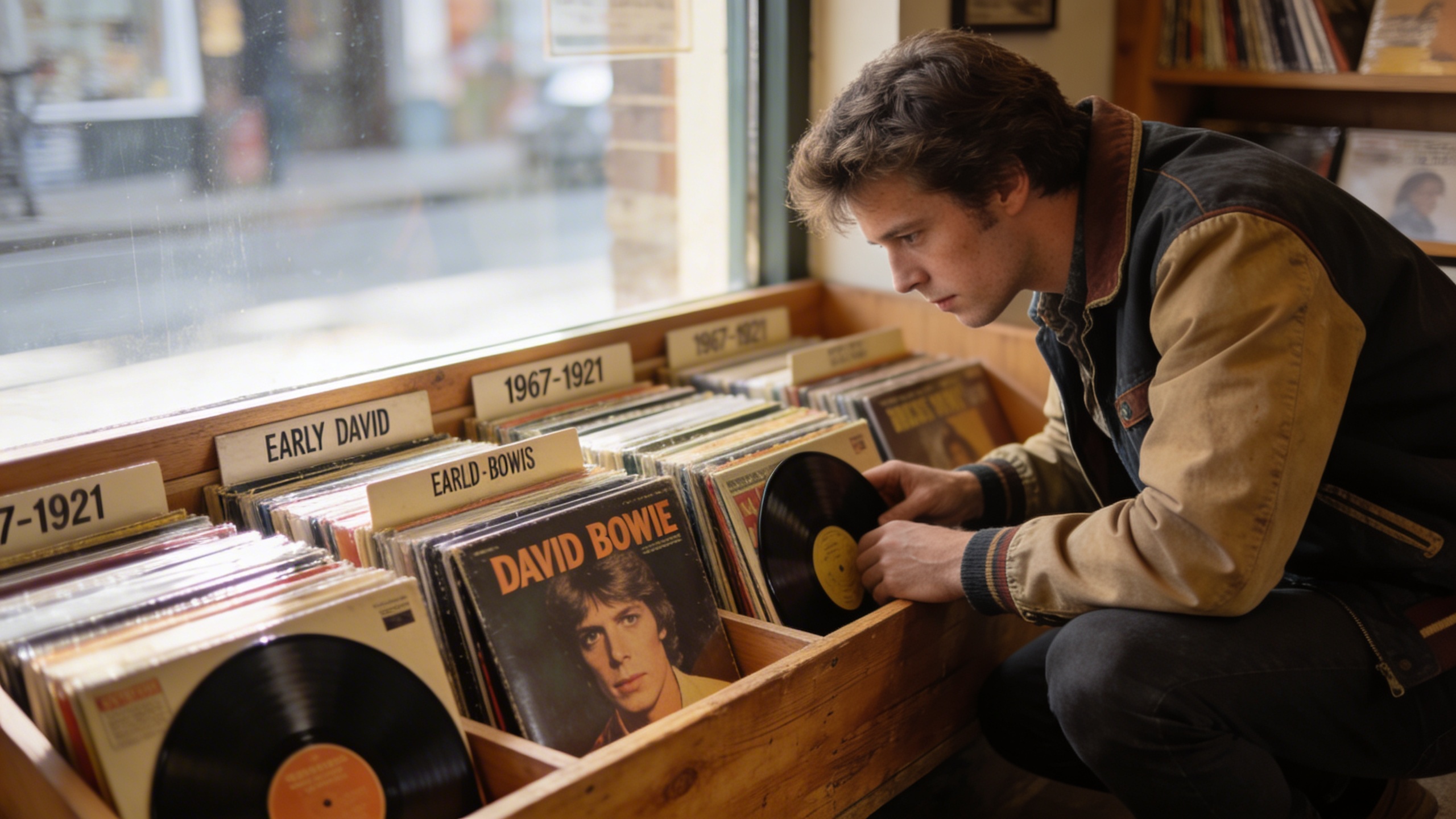 Photorealistic: Vintage record store display featuring early David Bowie albums from 1967-1971, wooden crates with vinyl records, soft natural lighting through storefront window, authentic collector b