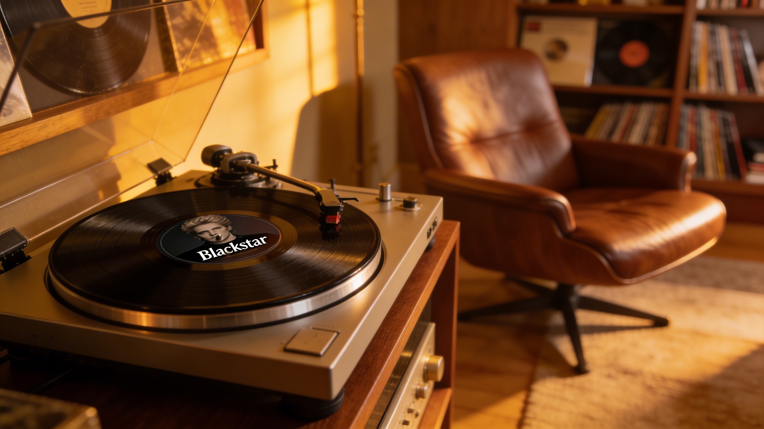 Photorealistic: Elegant home listening room with high-end turntable playing David Bowie's Blackstar album, warm golden hour lighting, leather armchair, bookshelf with vinyl collection visible, intimat