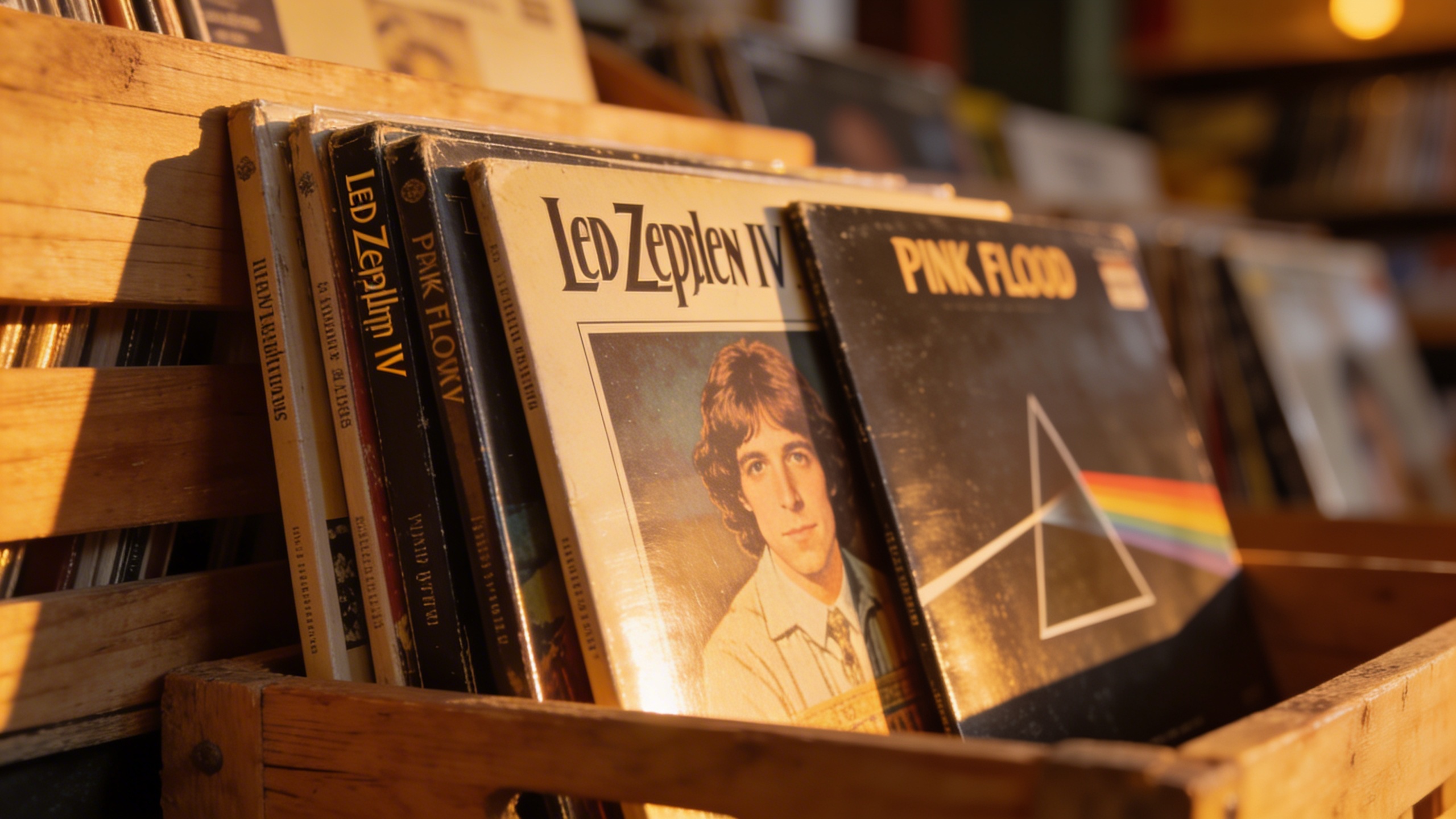 Photorealistic: Close-up of classic rock vinyl albums leaning against each other in a wooden crate, Led Zeppelin IV and Pink Floyd visible, warm golden hour lighting, record store ambiance, shallow fo