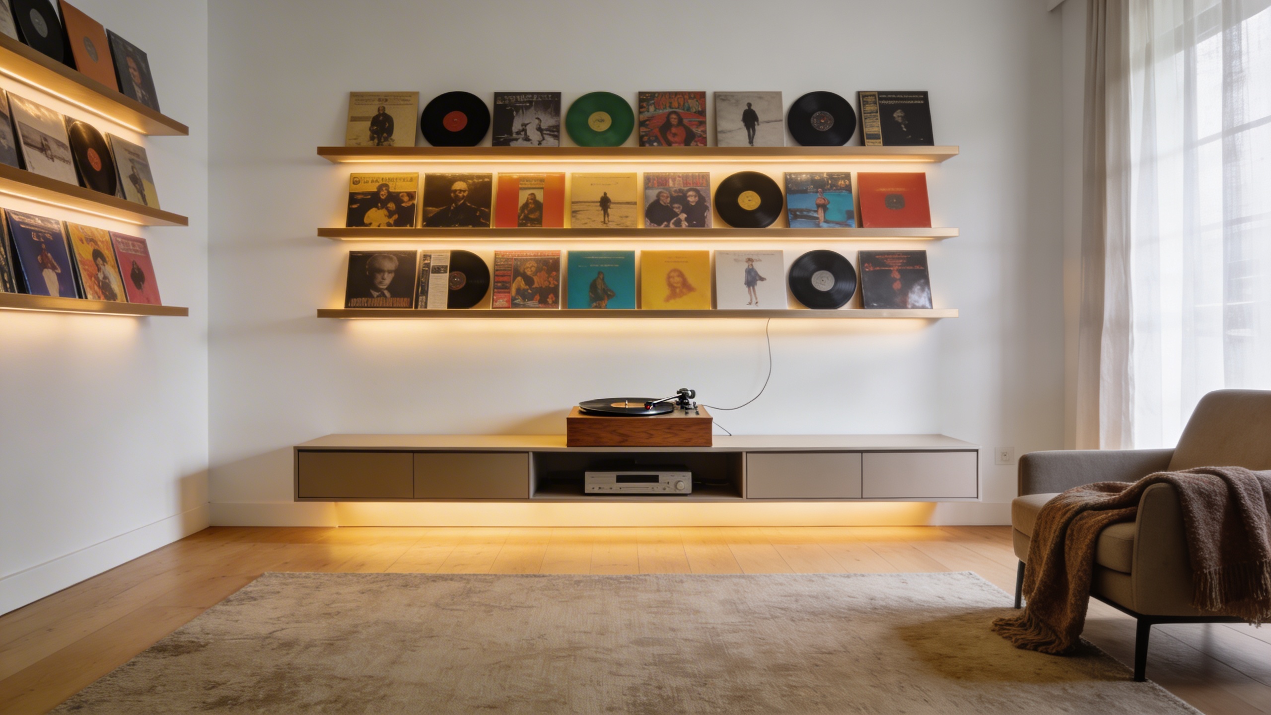 Photorealistic: Modern vinyl collection displayed on floating shelves, mix of classic and contemporary albums, warm ambient lighting, minimalist collector's room, turntable setup visible, cozy listeni