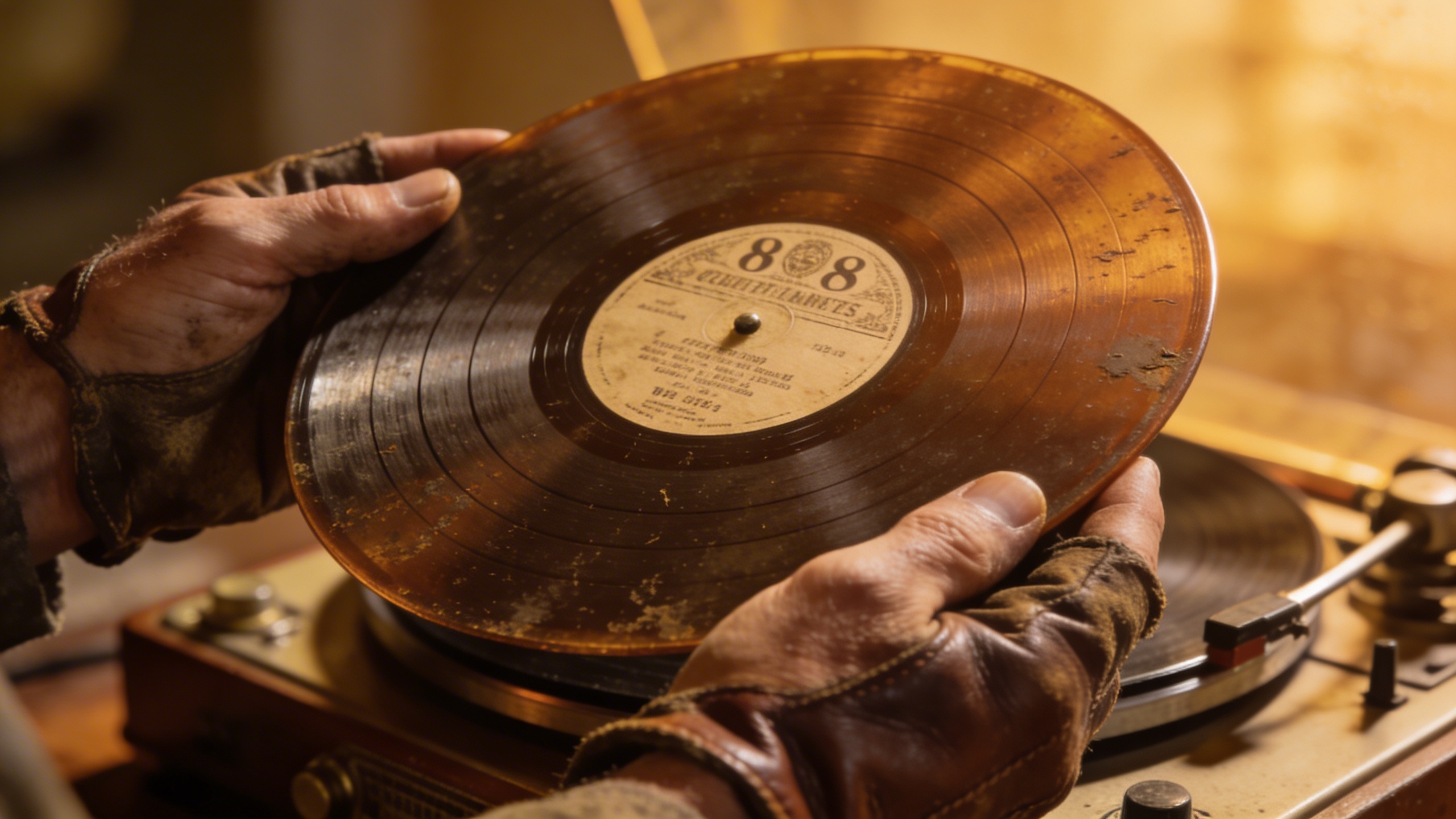 Photorealistic: Detailed macro shot of 78 RPM shellac record showing groove texture and vintage label, warm amber lighting, collector's hands gently holding the record, authentic vintage turntable in 