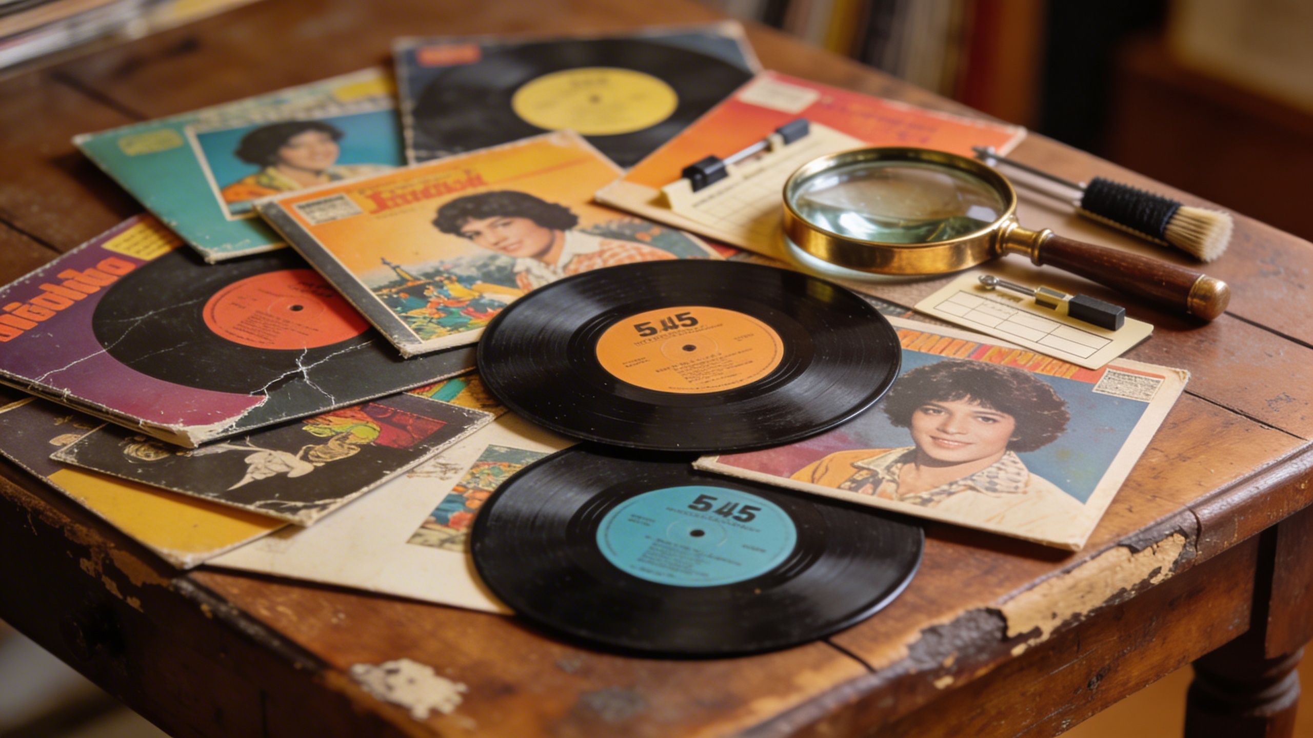 Photorealistic: Collection of colorful 45 RPM singles with picture sleeves spread on vintage wooden table, soft natural lighting, showing various record labels and artwork, collector's magnifying glas