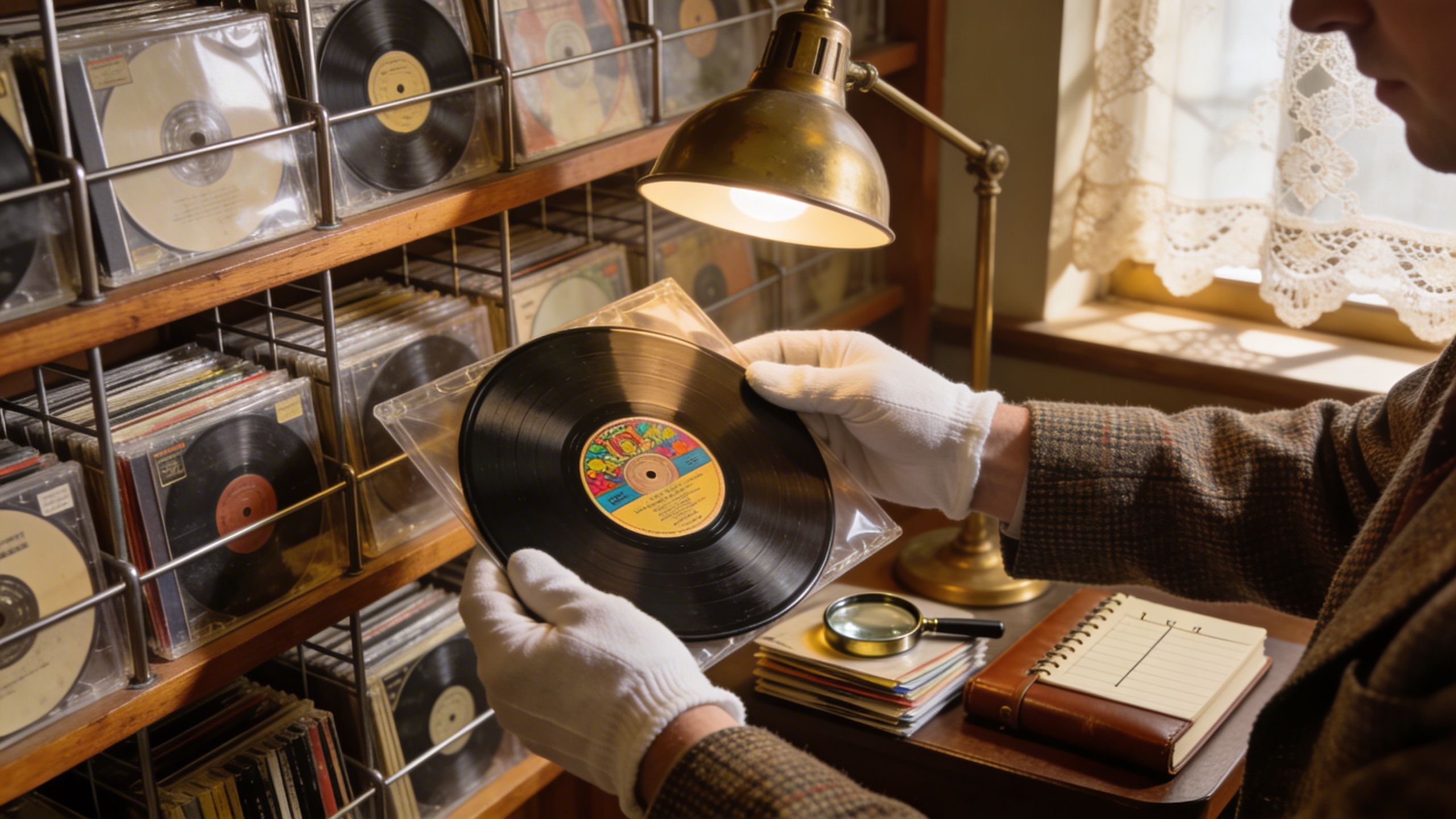 Photorealistic: Vintage record storage setup with properly organized 45s and 78s in protective sleeves, warm library lighting, collector examining a rare pressing with cotton gloves, authentic preserv