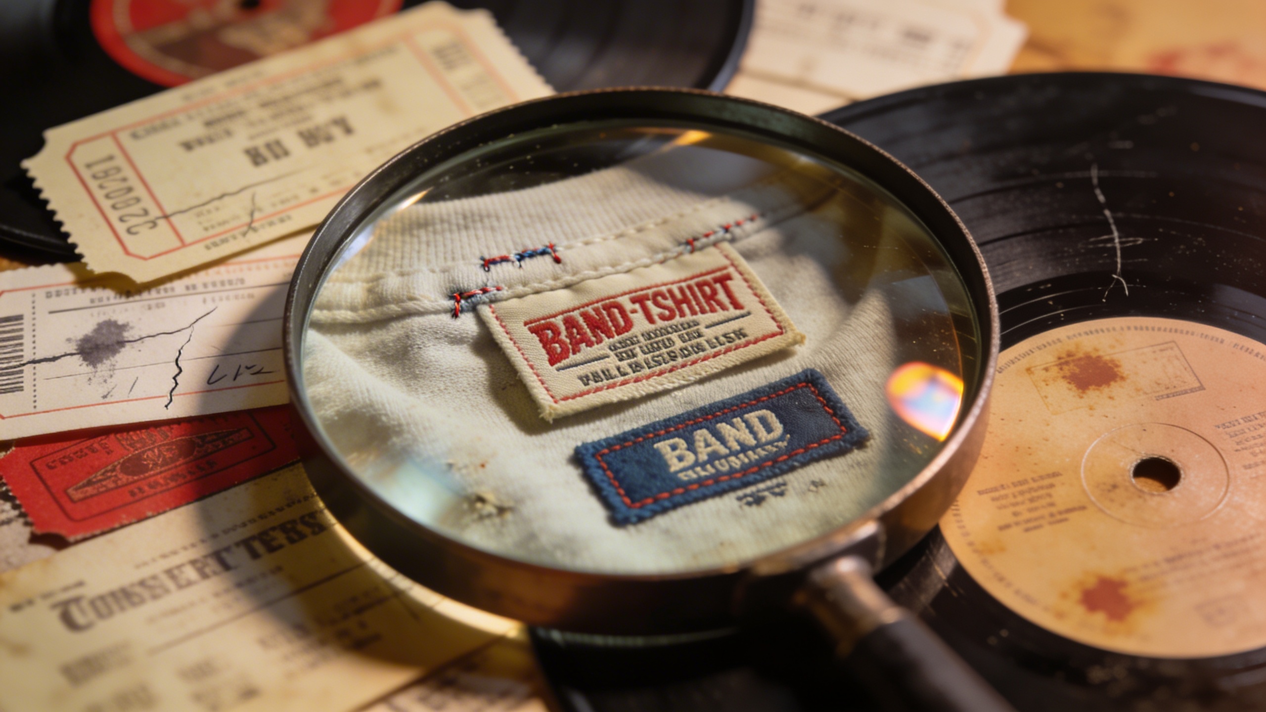 Photorealistic: Close-up of authentic vintage band t-shirt tags and labels being examined under magnifying glass, surrounded by concert tickets and vinyl records, warm tungsten lighting, detailed fabr