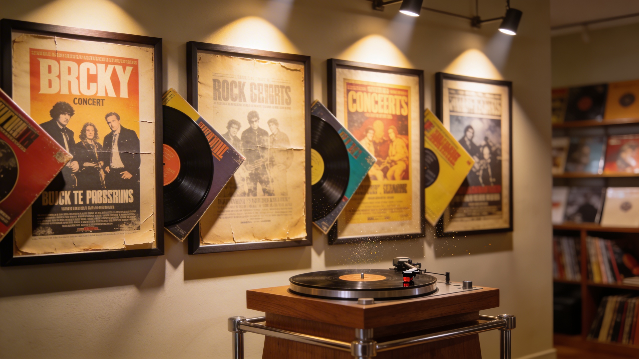 Photorealistic: Collection of framed vintage concert posters on wall above turntable setup, soft gallery lighting highlighting poster artwork, vinyl records leaning against frames, collector's music r