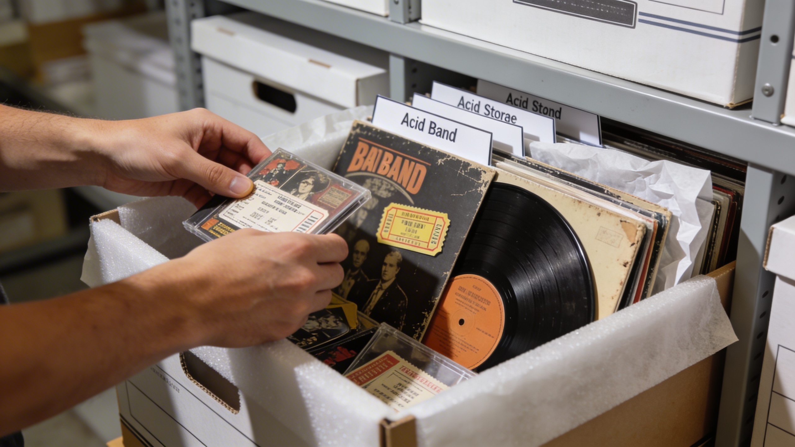 Photorealistic: Hands carefully placing vintage band merchandise in acid-free storage boxes, with vinyl records and memorabilia visible, professional archival storage setup, clean organized lighting