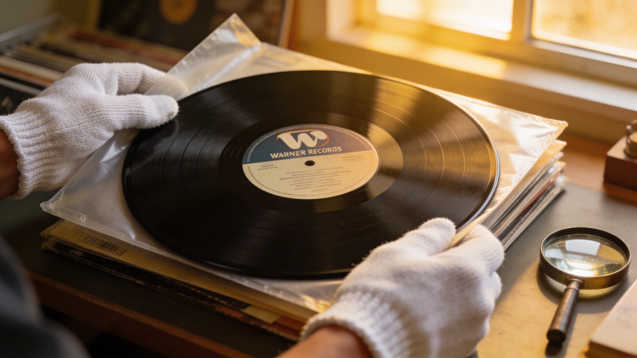 Photorealistic: Close-up of Swimming vinyl record being carefully removed from its sleeve, hands wearing white cotton gloves, warm golden hour lighting streaming through window, detailed view of the b