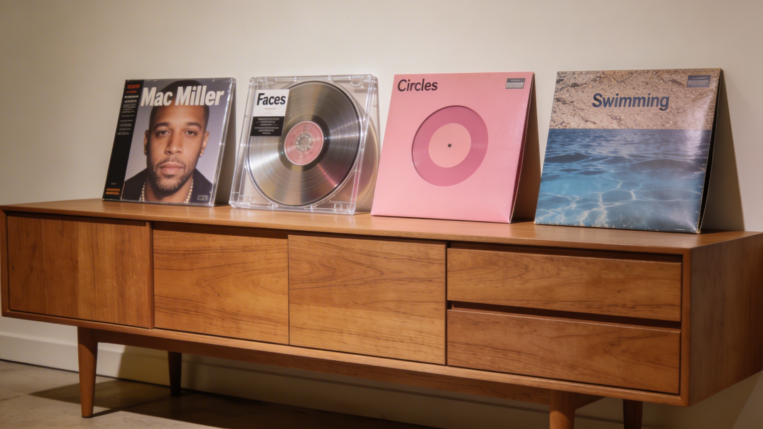 Photorealistic: Collection of Mac Miller vinyl variants arranged on a mid-century modern credenza, including clear Faces pressing, pink Circles variant, and original Swimming, soft museum-quality ligh