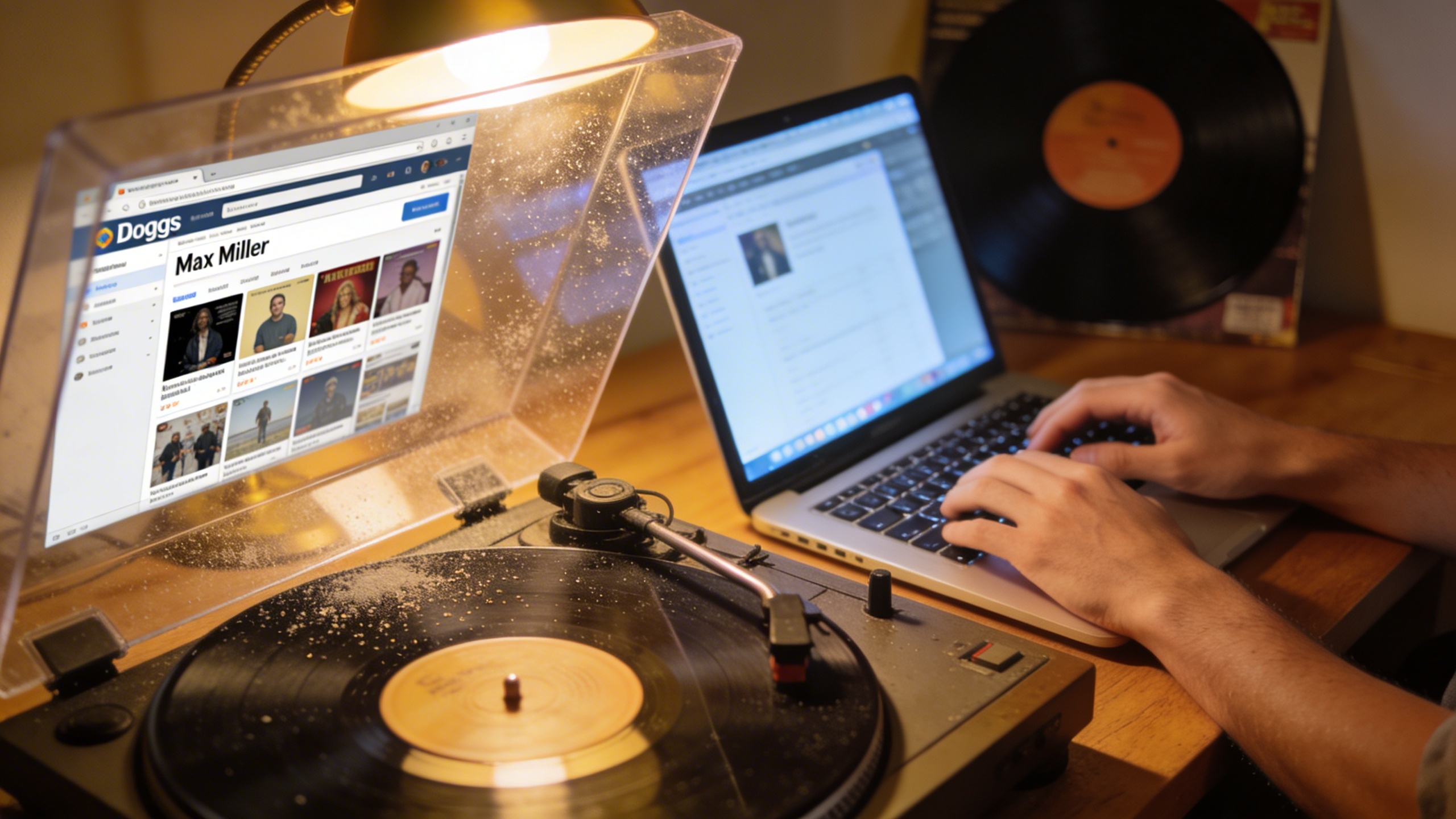 Photorealistic: Discogs marketplace screen reflection on vintage turntable dust cover, Mac Miller vinyl spinning in background, warm desk lamp lighting, collector's hands typing on laptop keyboard, au