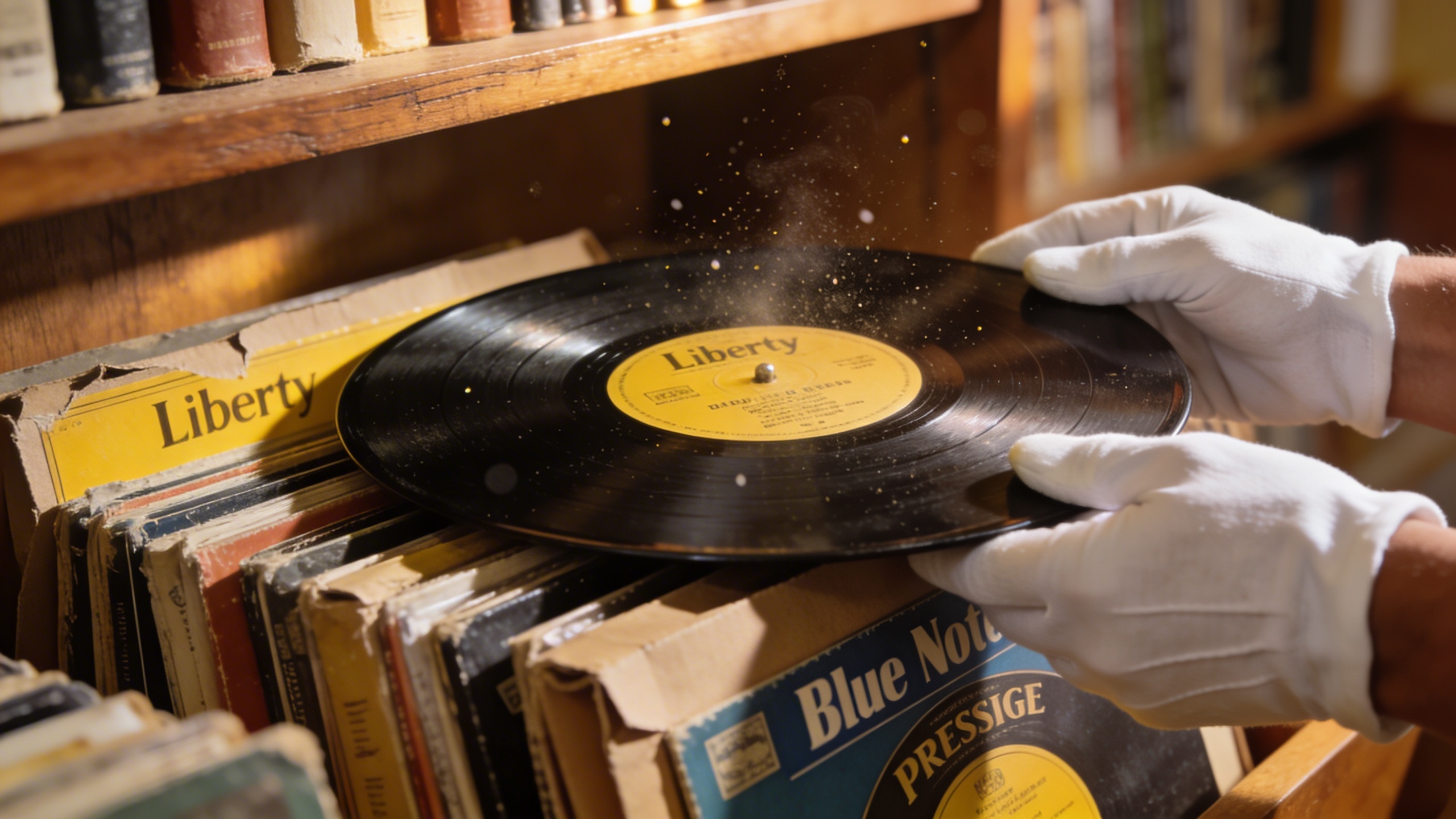 Photorealistic: Stack of vintage Blue Note and Prestige vinyl records on wooden shelf, Liberty and yellow label variants visible, warm library lighting, dust motes in air, collector's hands gently han