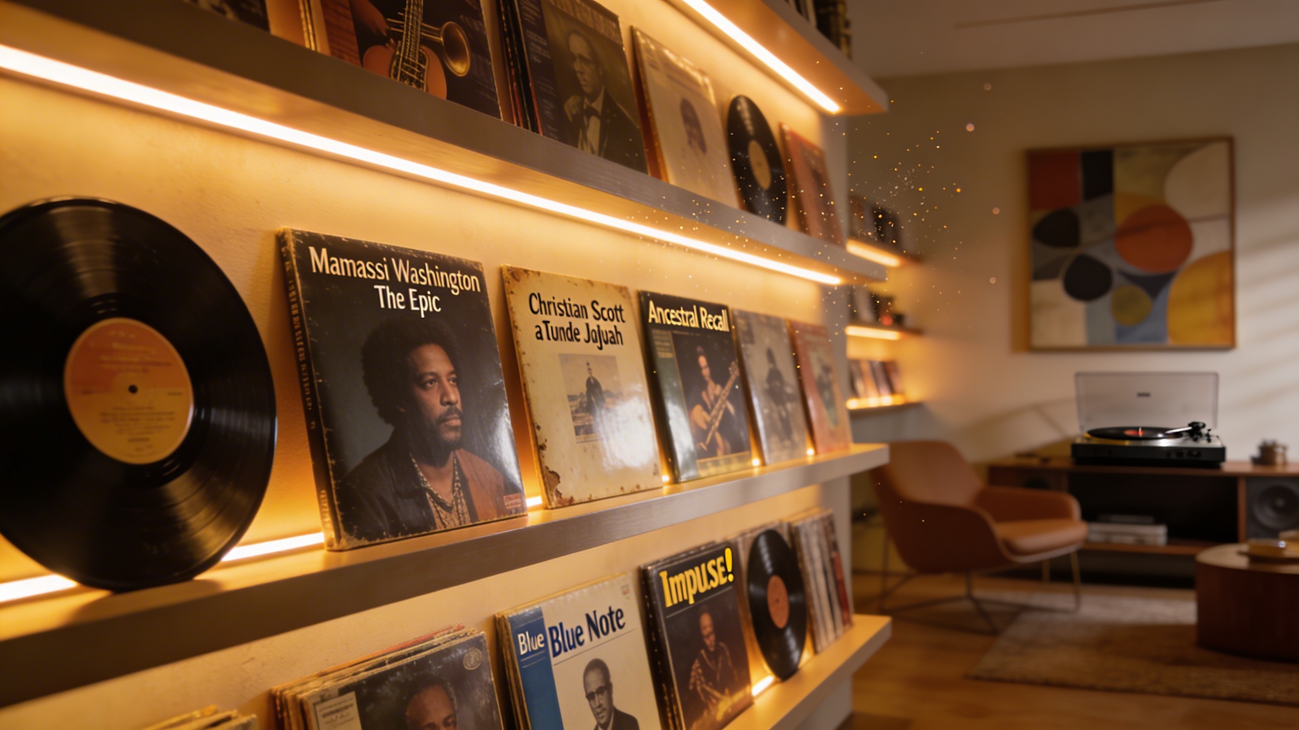 Photorealistic: Modern jazz vinyl collection display, Kamasi Washington and contemporary releases mixed with vintage albums, organized on floating shelves with warm LED accent lighting, collector's li