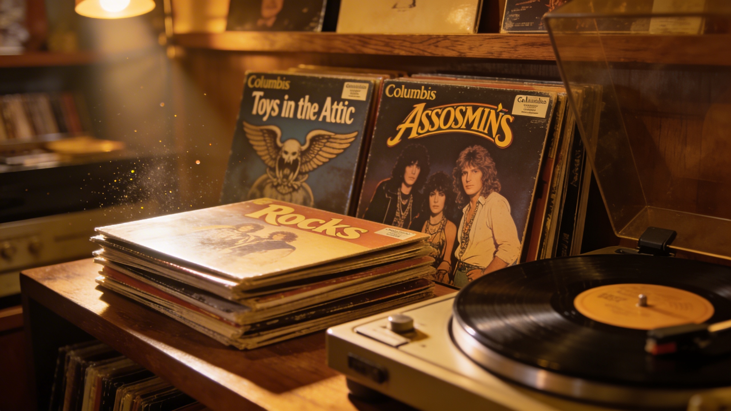 Photorealistic: Stack of original 1970s Aerosmith albums with visible Columbia labels, Toys in the Attic and Rocks covers prominently displayed, warm record store lighting, vintage turntable partially