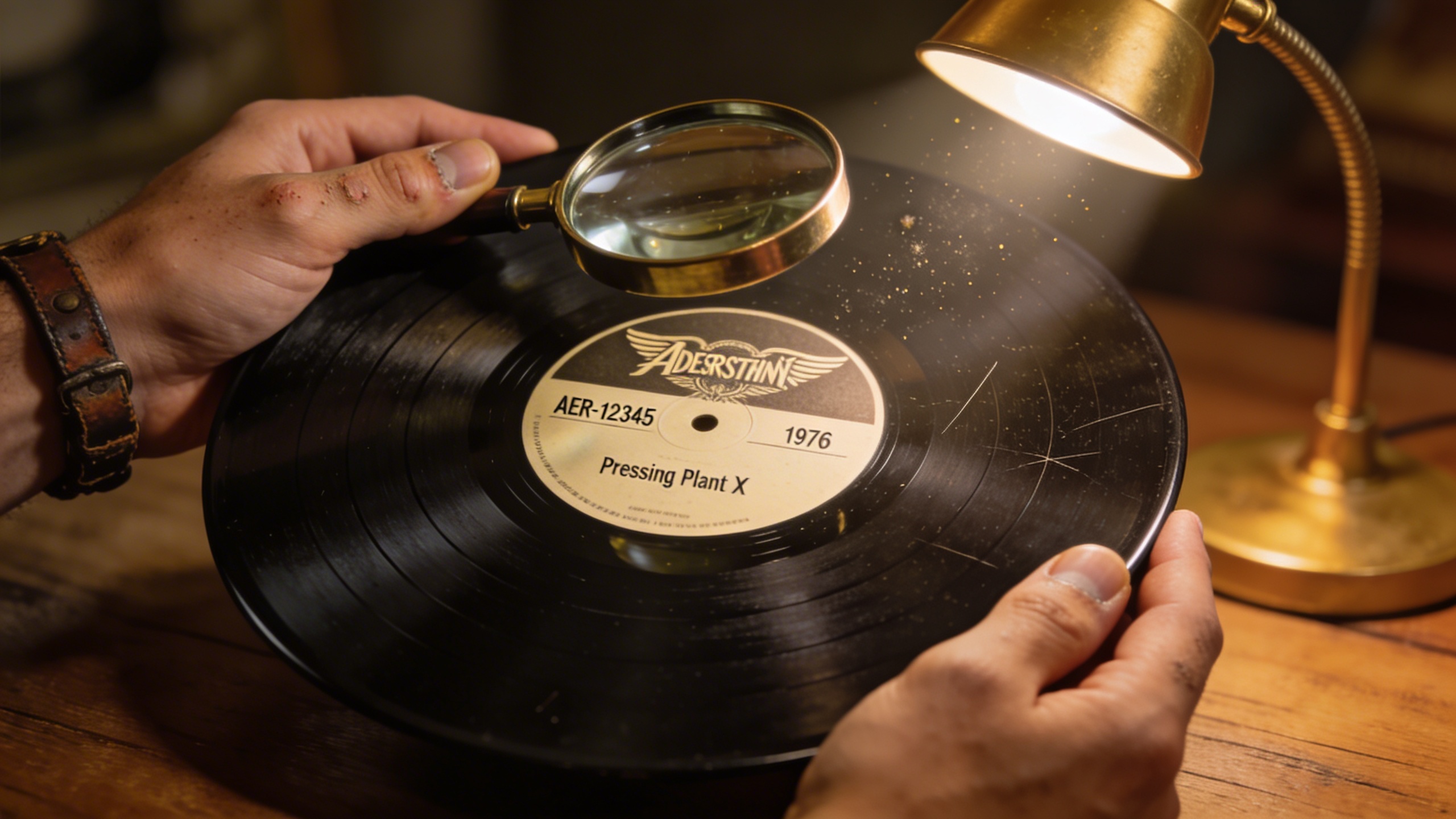 Photorealistic: Extreme close-up of Aerosmith vinyl record label showing matrix numbers and pressing details, magnifying glass nearby, warm desk lamp lighting, collector's hands gently holding record 