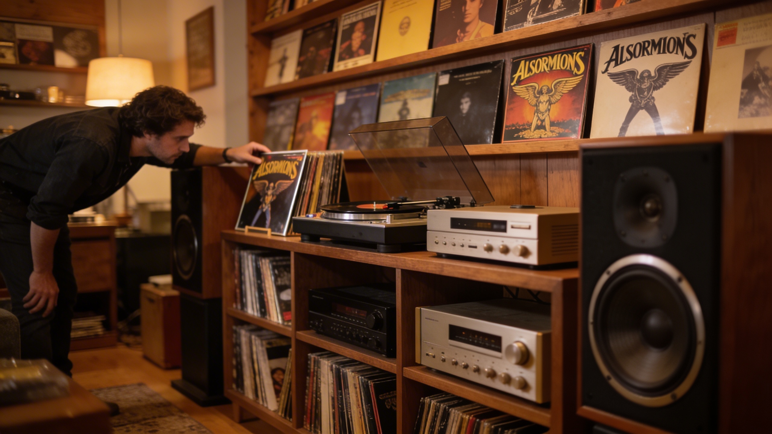 Photorealistic: Collector's listening room with Aerosmith albums displayed on wooden shelves, vintage audio equipment, warm tungsten lighting, person in background examining record sleeve, cozy vinyl 
