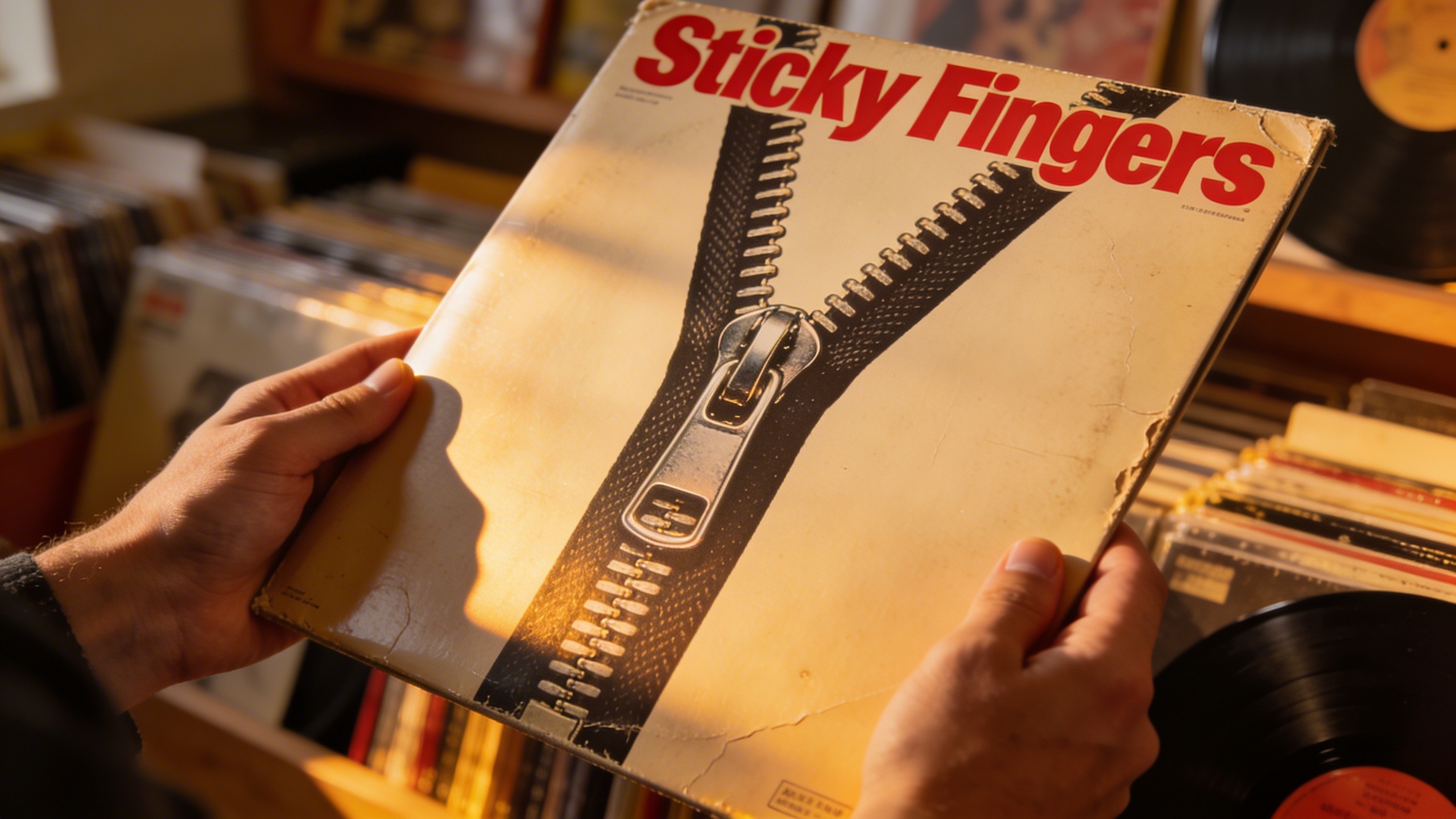 Photorealistic: Close-up of Rolling Stones Sticky Fingers album cover showing the famous Andy Warhol zipper design, hands gently holding the record, warm golden hour lighting, shallow depth of field, 