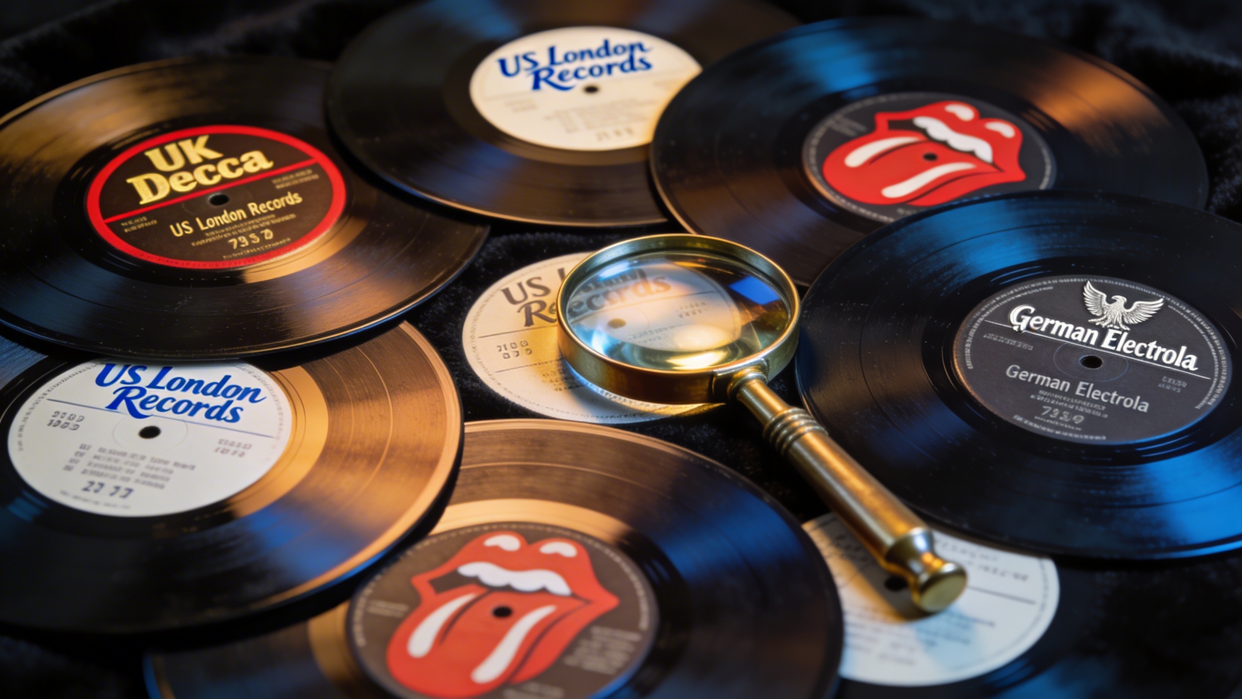 Photorealistic: Multiple Rolling Stones vinyl records arranged in a fan pattern showing different label variations - UK Decca, US London Records, German Electrola pressings, detailed label close-ups v