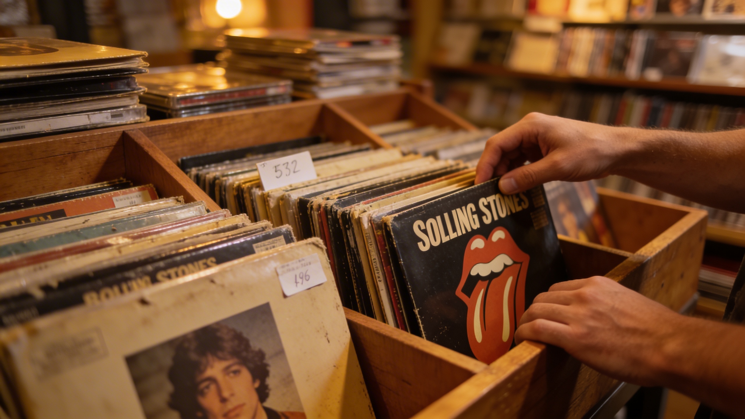 Photorealistic: Vintage record store scene with Rolling Stones vinyl records in browser bins, collector's hands flipping through albums, warm incandescent lighting, authentic record store atmosphere, 