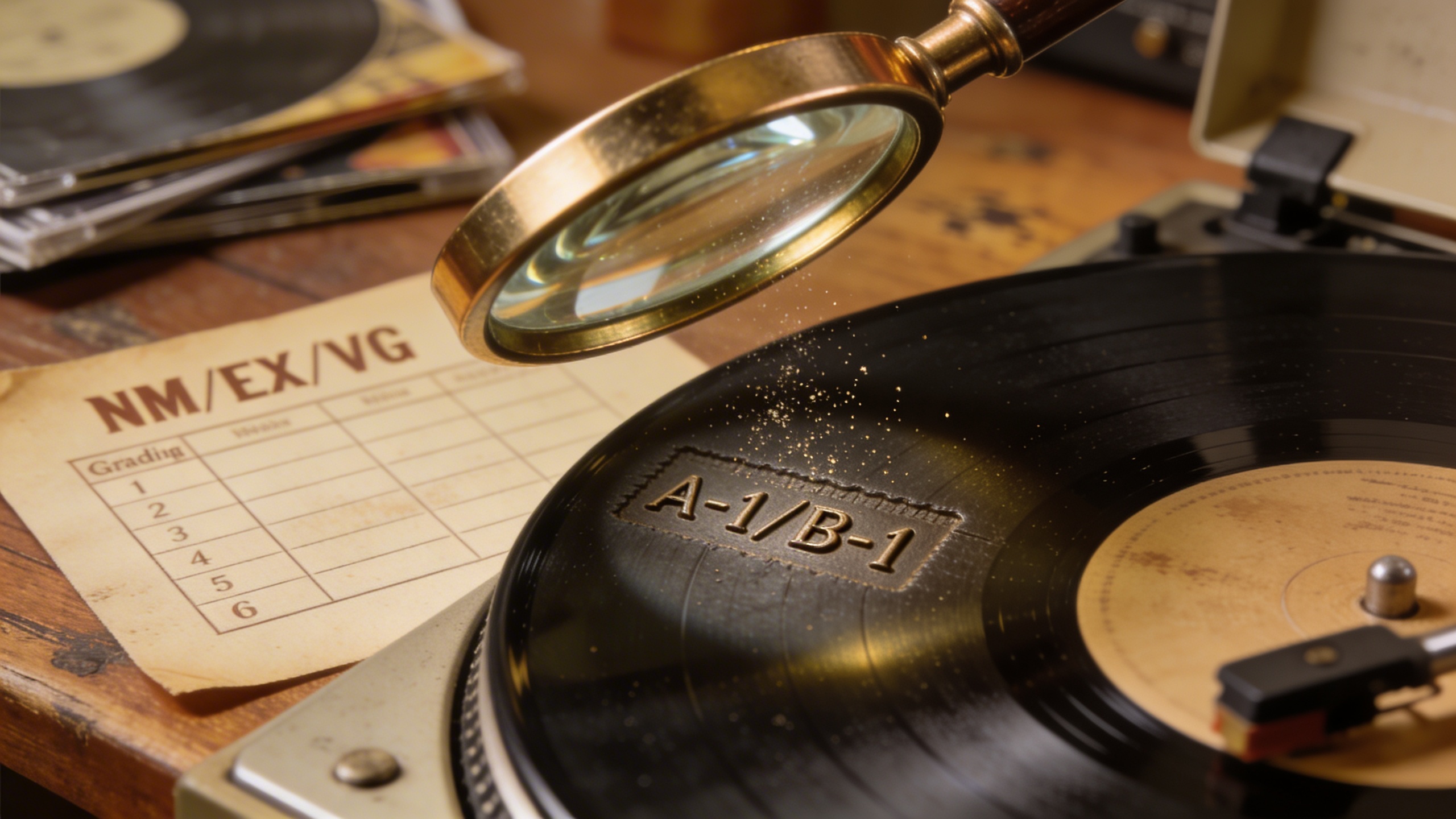 Photorealistic: Detailed macro shot of vinyl record matrix numbers etched in dead wax area, magnifying glass nearby, grading chart visible in background, warm studio lighting, collector's workspace ae
