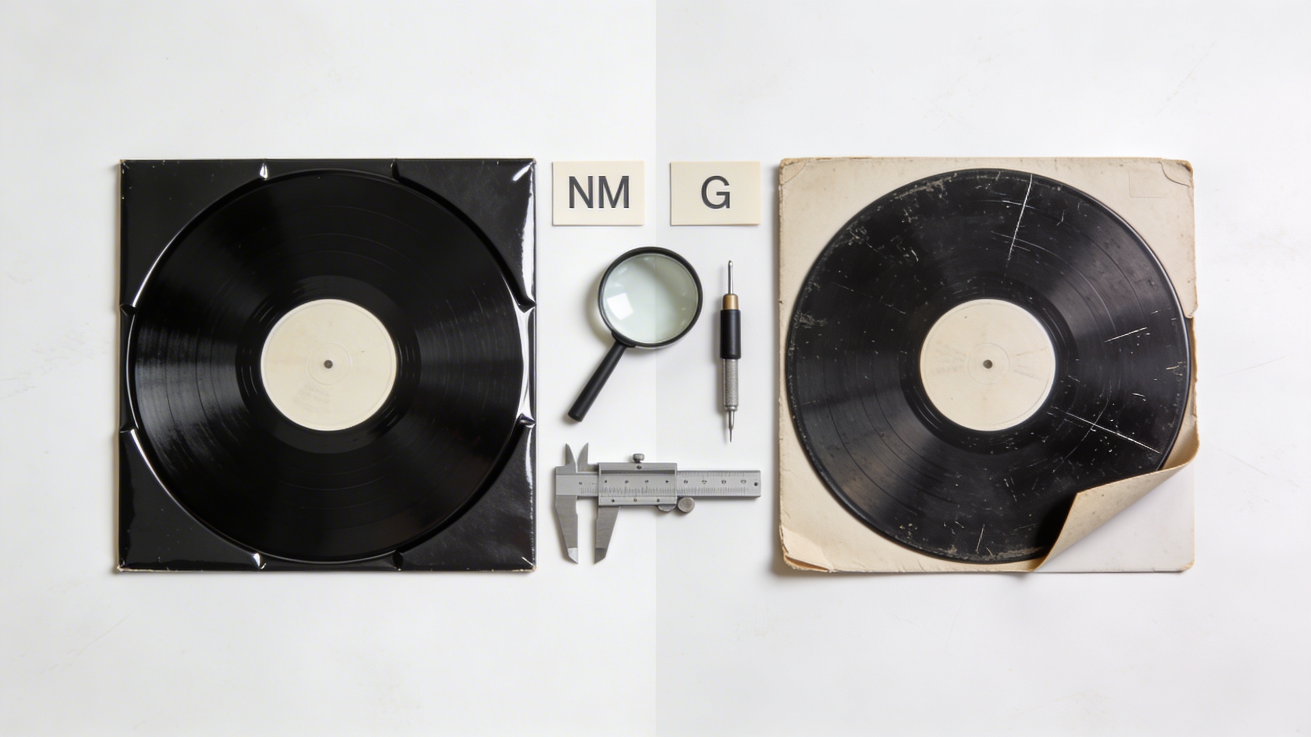 Photorealistic: Split composition showing same album in different conditions side by side - one pristine, one worn, with grading tools and condition assessment cards, professional photography lighting