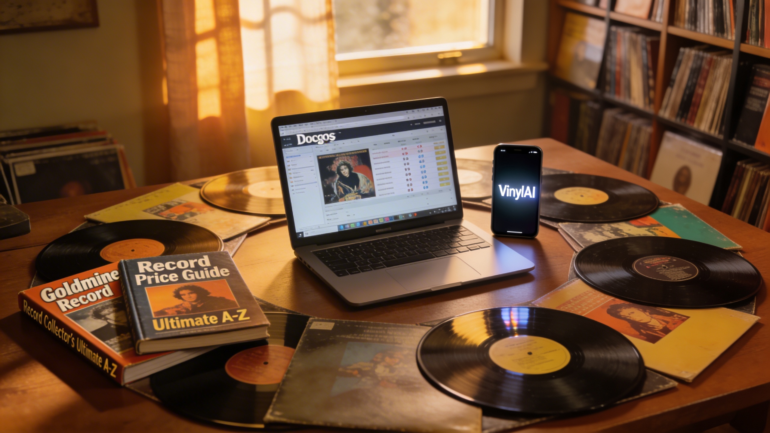 Photorealistic: Collector's desk setup with multiple vintage records spread out, laptop displaying Discogs price data, smartphone with VinylAI app, price guide books, warm evening lighting through win
