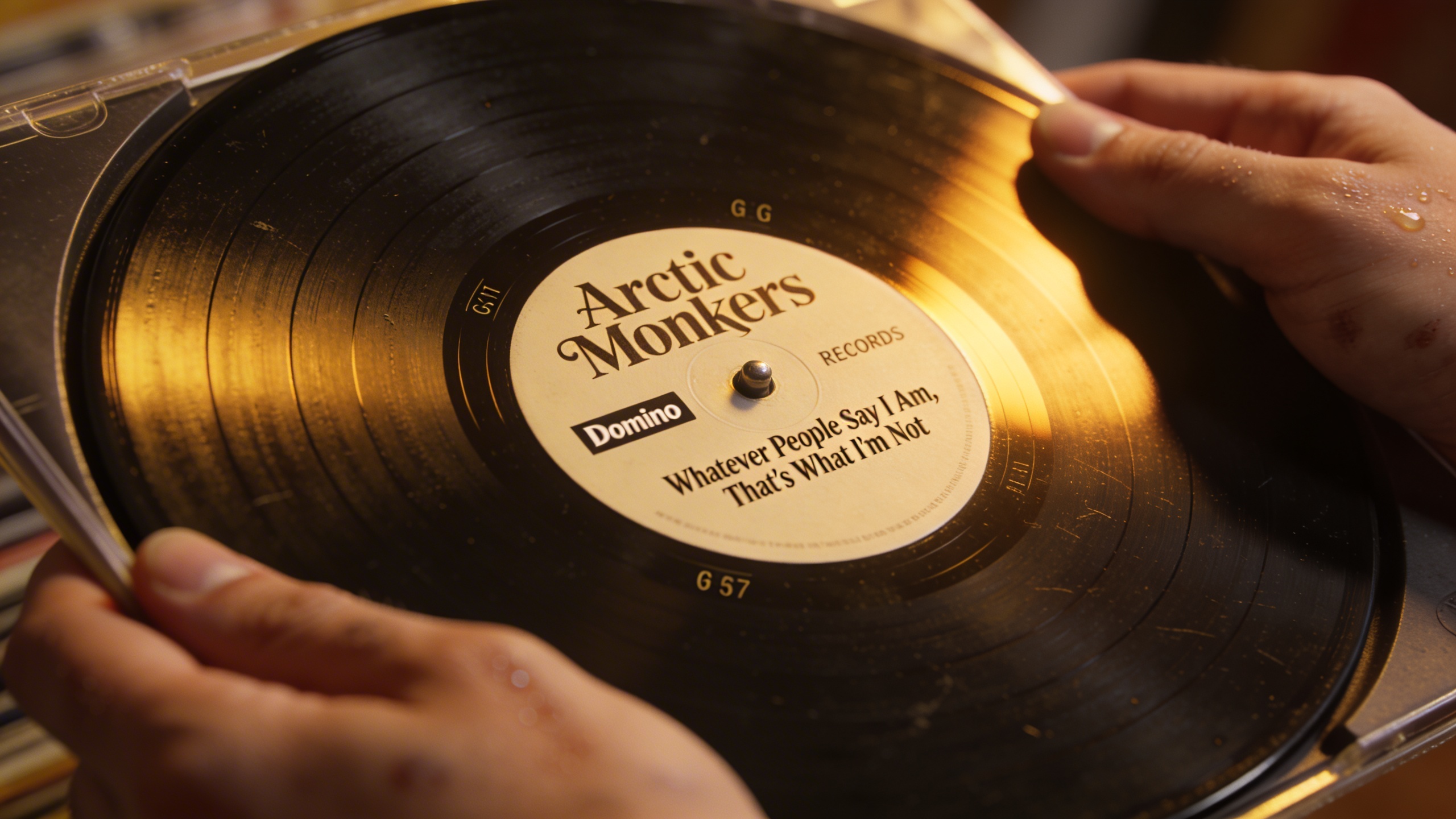 Photorealistic: Close-up of Arctic Monkeys debut album vinyl being held by collector's hands, Domino Records label visible, warm tungsten lighting, authentic record collecting moment, shallow focus on
