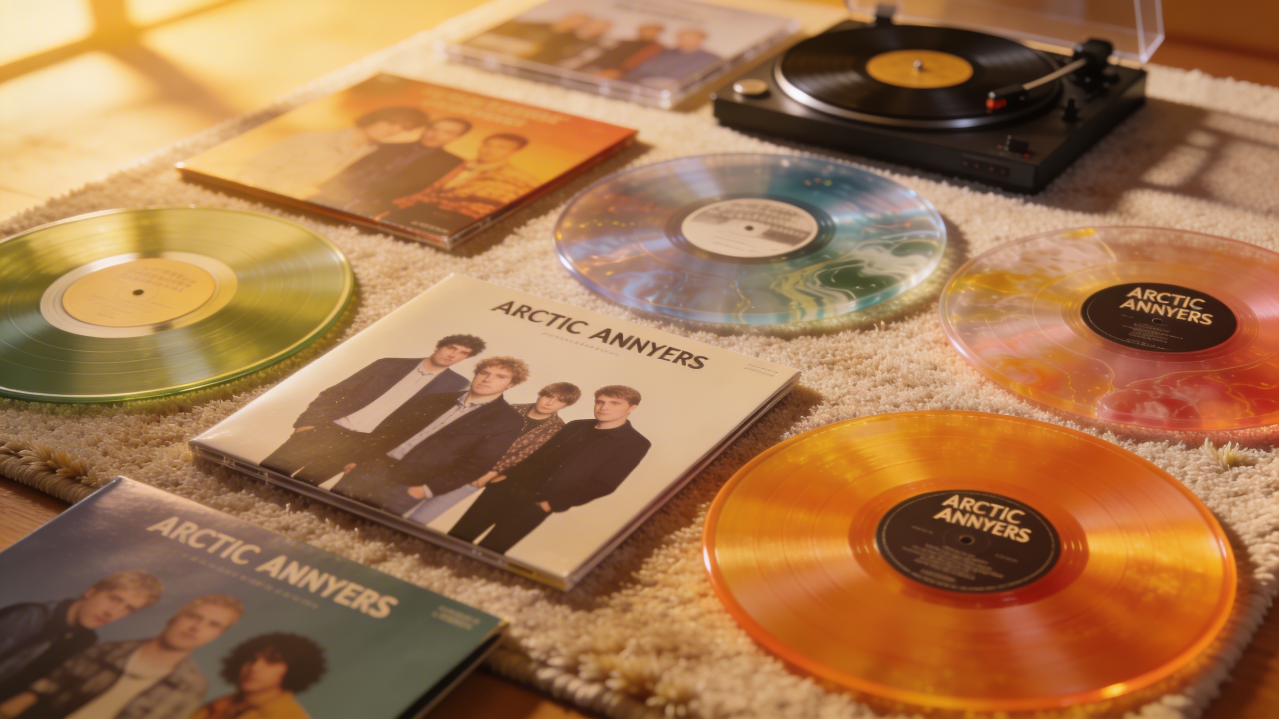 Photorealistic: Collection of colored Arctic Monkeys vinyl variants arranged on felt turntable mat, picture discs and limited editions, soft golden hour lighting, professional product photography aest