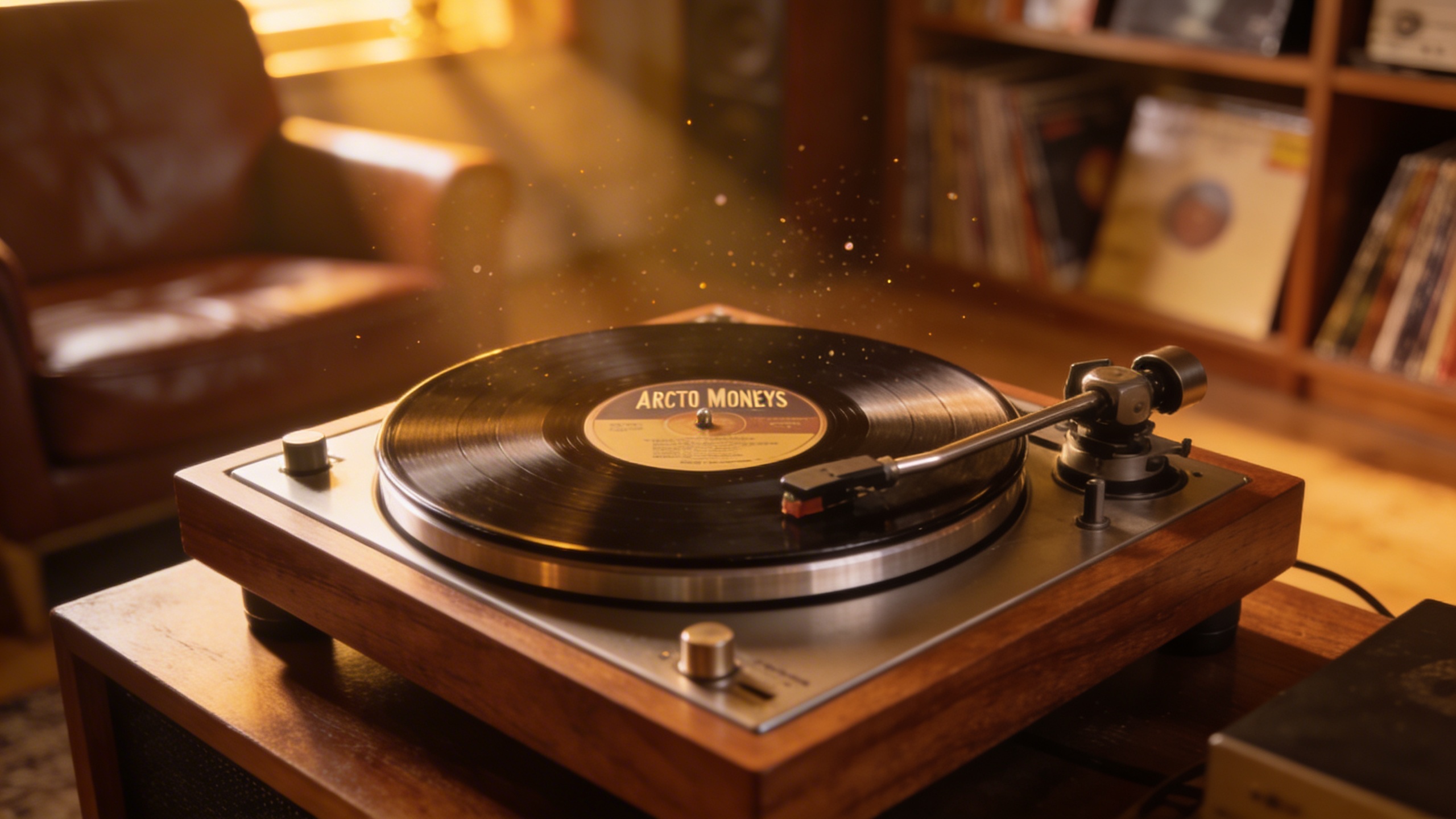 Photorealistic: Vintage turntable playing Arctic Monkeys vinyl, tonearm in focus, warm ambient lighting, cozy listening room setting, vinyl collection visible on shelves in soft background blur