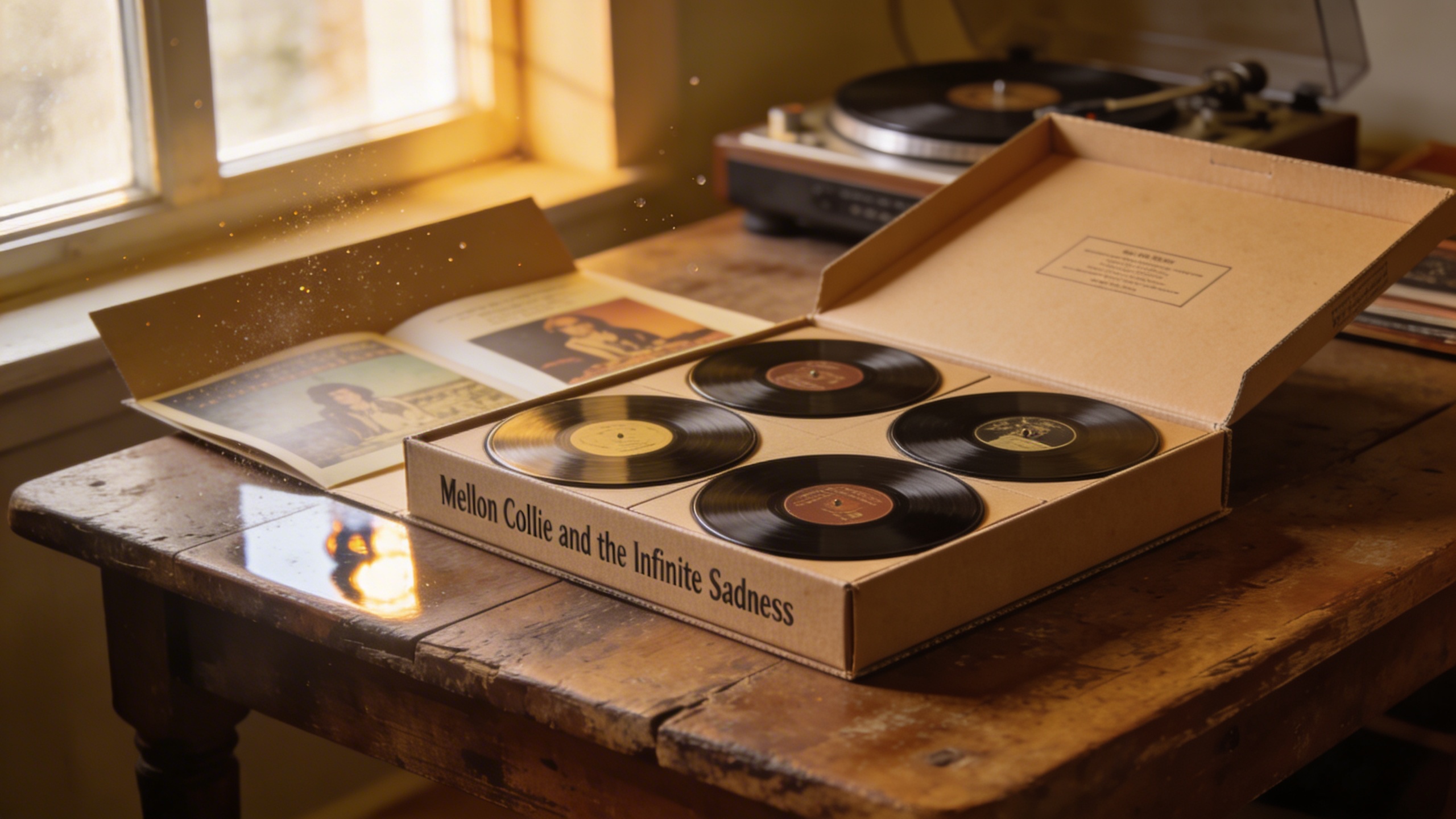 Photorealistic: Mellon Collie and the Infinite Sadness box set opened on a wooden table, all four vinyl records partially visible with gatefold artwork spread out, warm natural lighting from nearby wi