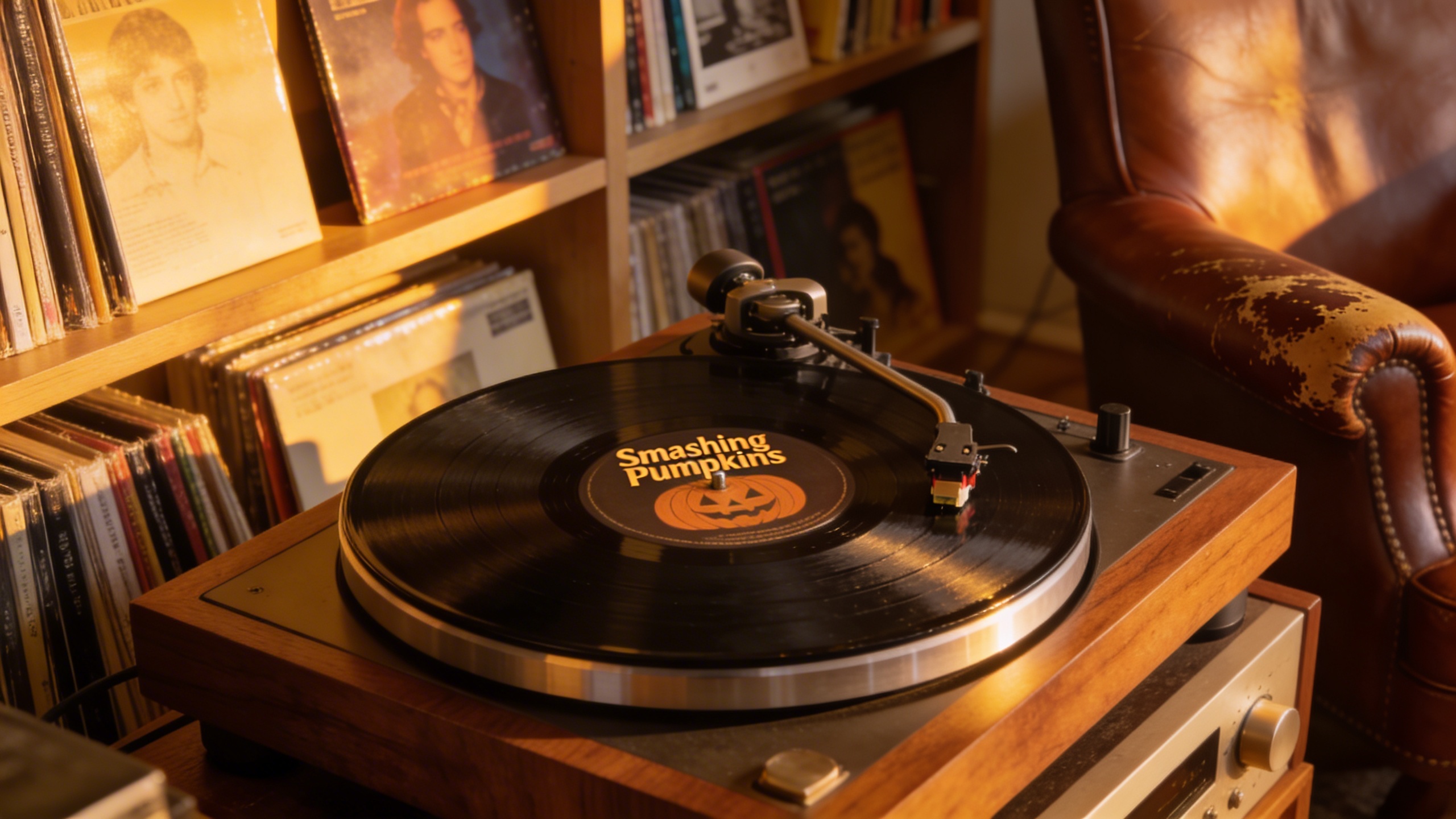 Photorealistic: Collector's listening room with high-end turntable playing Smashing Pumpkins vinyl, warm golden hour lighting, detailed view of tonearm and cartridge, album covers artfully arranged on
