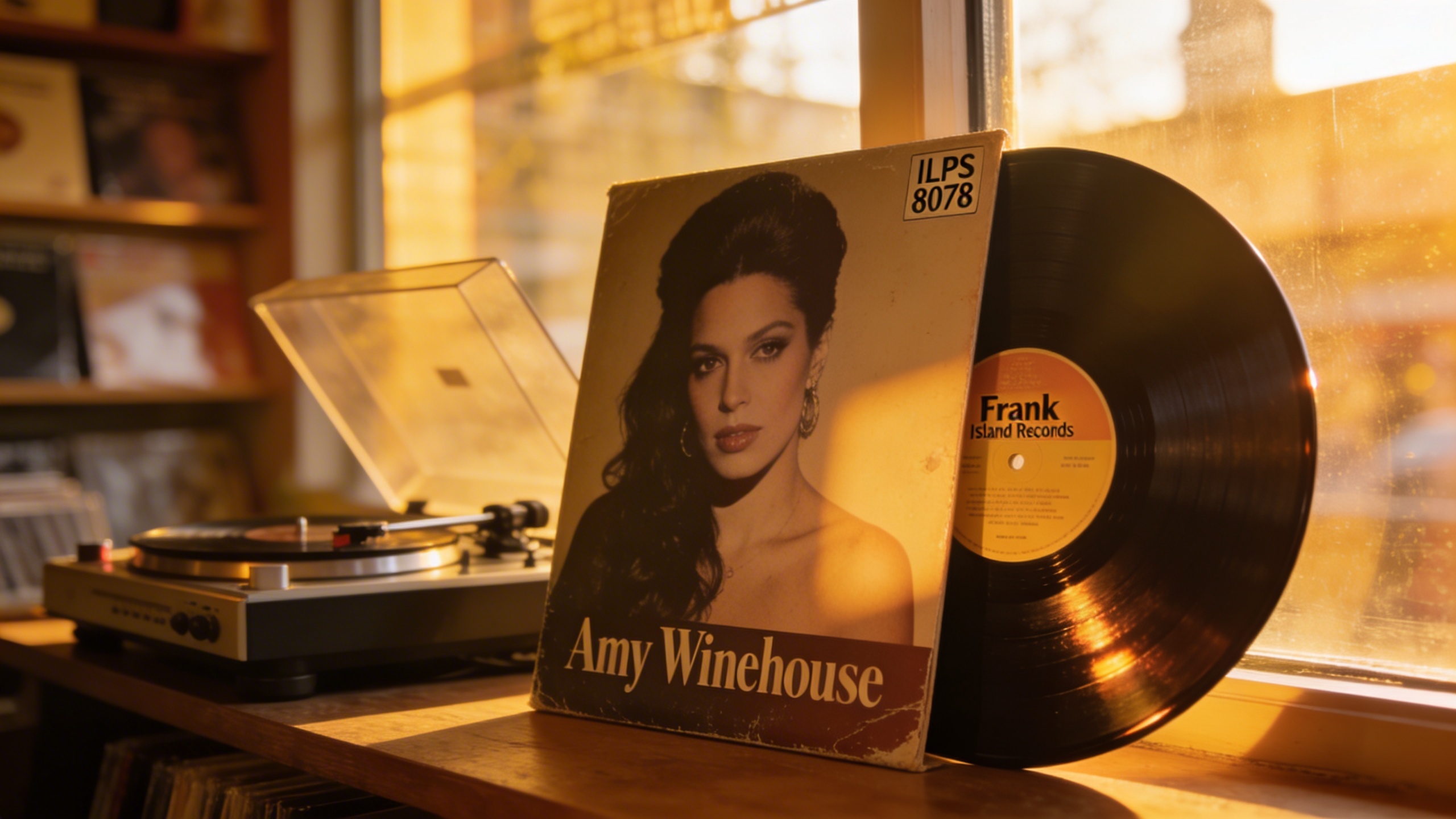 Photorealistic: Amy Winehouse's 'Frank' original pressing vinyl record with Island Records label visible, sitting next to its outer sleeve showing catalog number ILPS 8078, warm golden hour lighting s