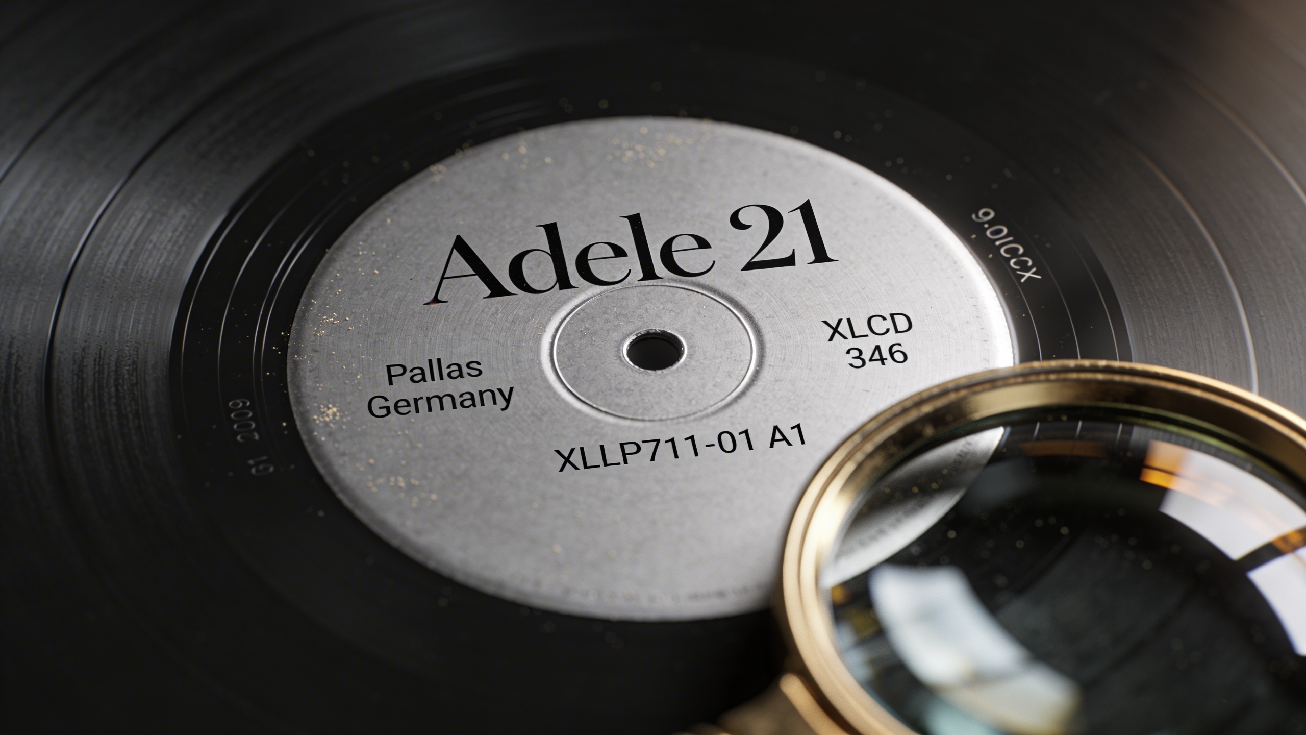 Photorealistic: Detailed macro shot of vinyl record label showing pressing plant information and catalog numbers, with Adele's '21' album visible, professional lighting highlighting the label text and