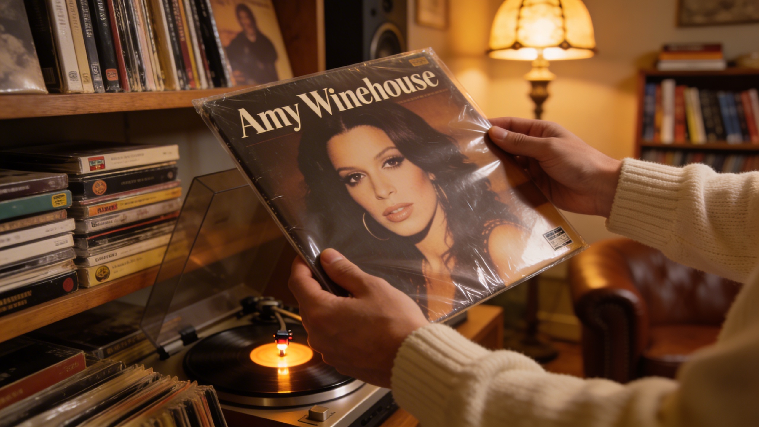 Photorealistic: Collector's hands carefully examining a sealed Amy Winehouse vinyl record, showing the shrink wrap and condition details, cozy home listening room setting with warm lamp lighting, shel