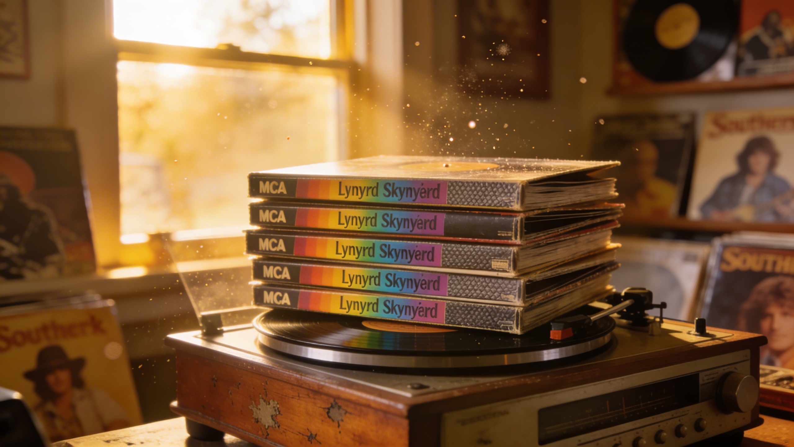 Photorealistic: Stack of original MCA Lynyrd Skynyrd albums on vintage record player, rainbow labels visible, warm golden hour lighting streaming through window, dust motes in air, collector's den atm