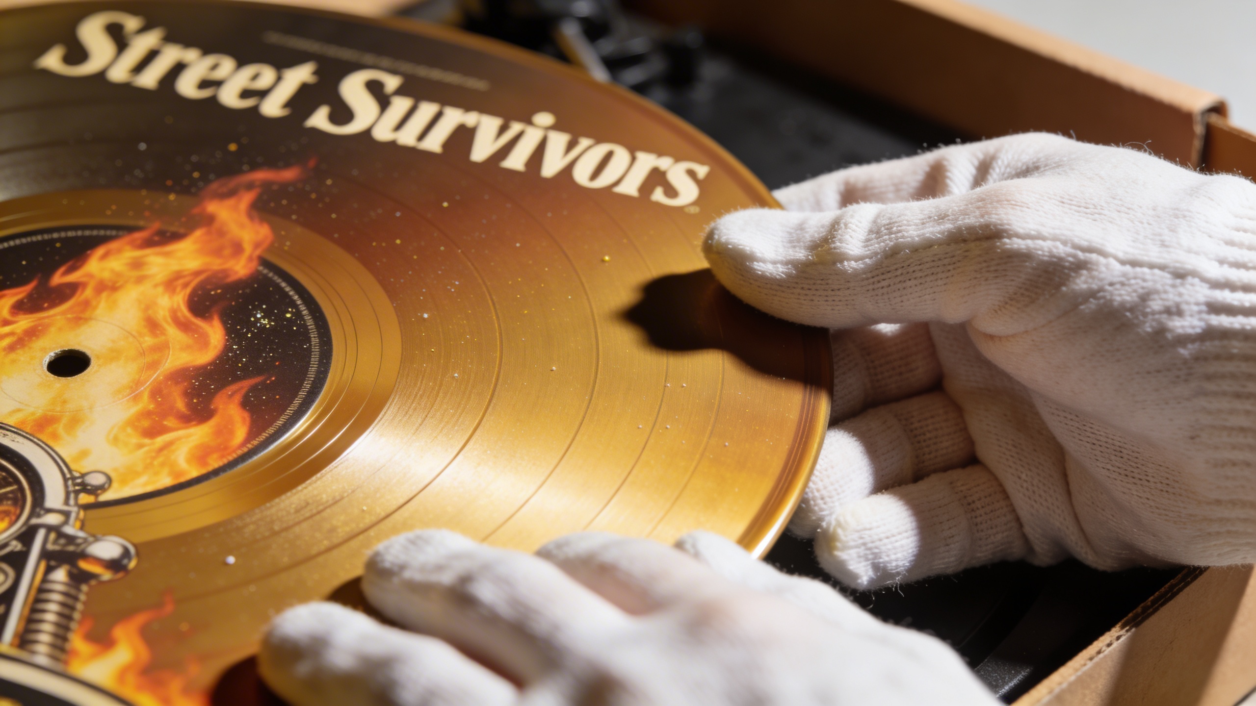 Photorealistic: Extreme close-up of Street Survivors album cover showing flame imagery detail, hands wearing white cotton gloves carefully handling the record, professional lighting highlighting cover