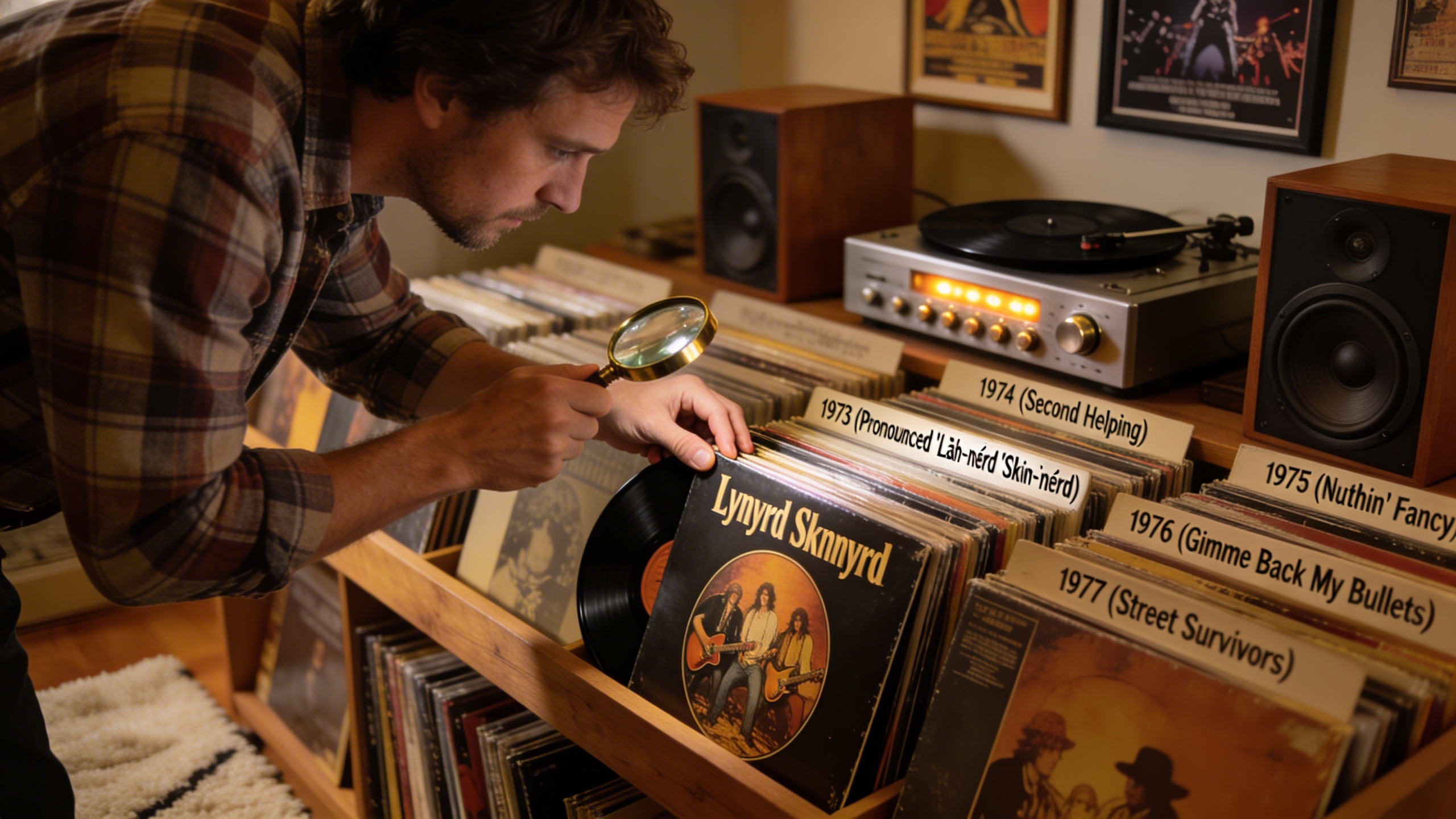 Photorealistic: Organized vinyl collection showing Lynyrd Skynyrd discography arranged chronologically on wooden shelves, warm library lighting, collector examining a record with magnifying glass, coz