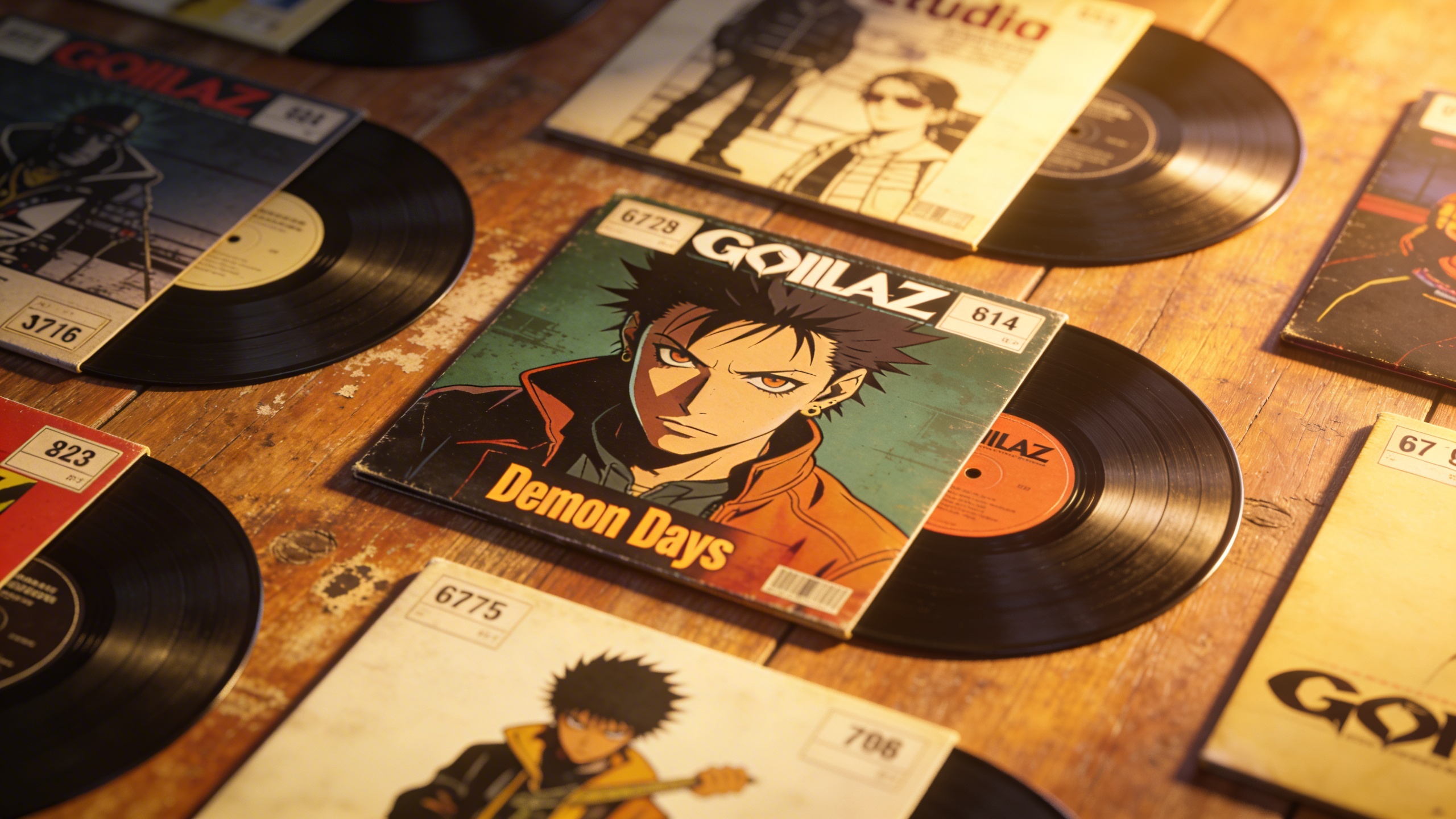 Photorealistic: Collection of Gorillaz studio albums spread across wooden surface, original pressings with visible catalog numbers, warm golden hour lighting, vintage record store aesthetic, shallow f