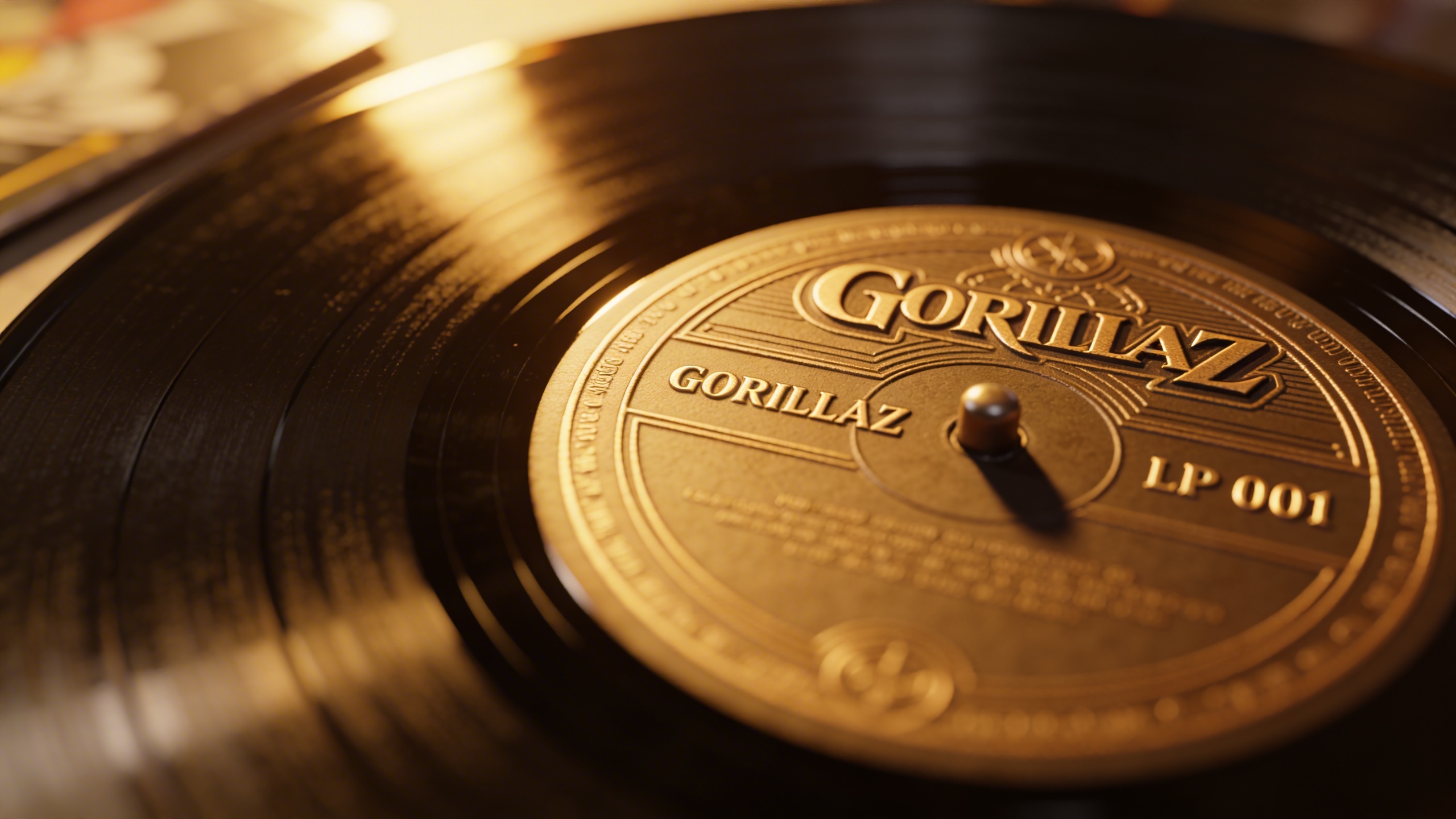 Photorealistic: Close-up macro shot of Gorillaz vinyl record label showing pressing details and catalog numbers, warm tungsten lighting, professional photography depth of field, authentic collector ex