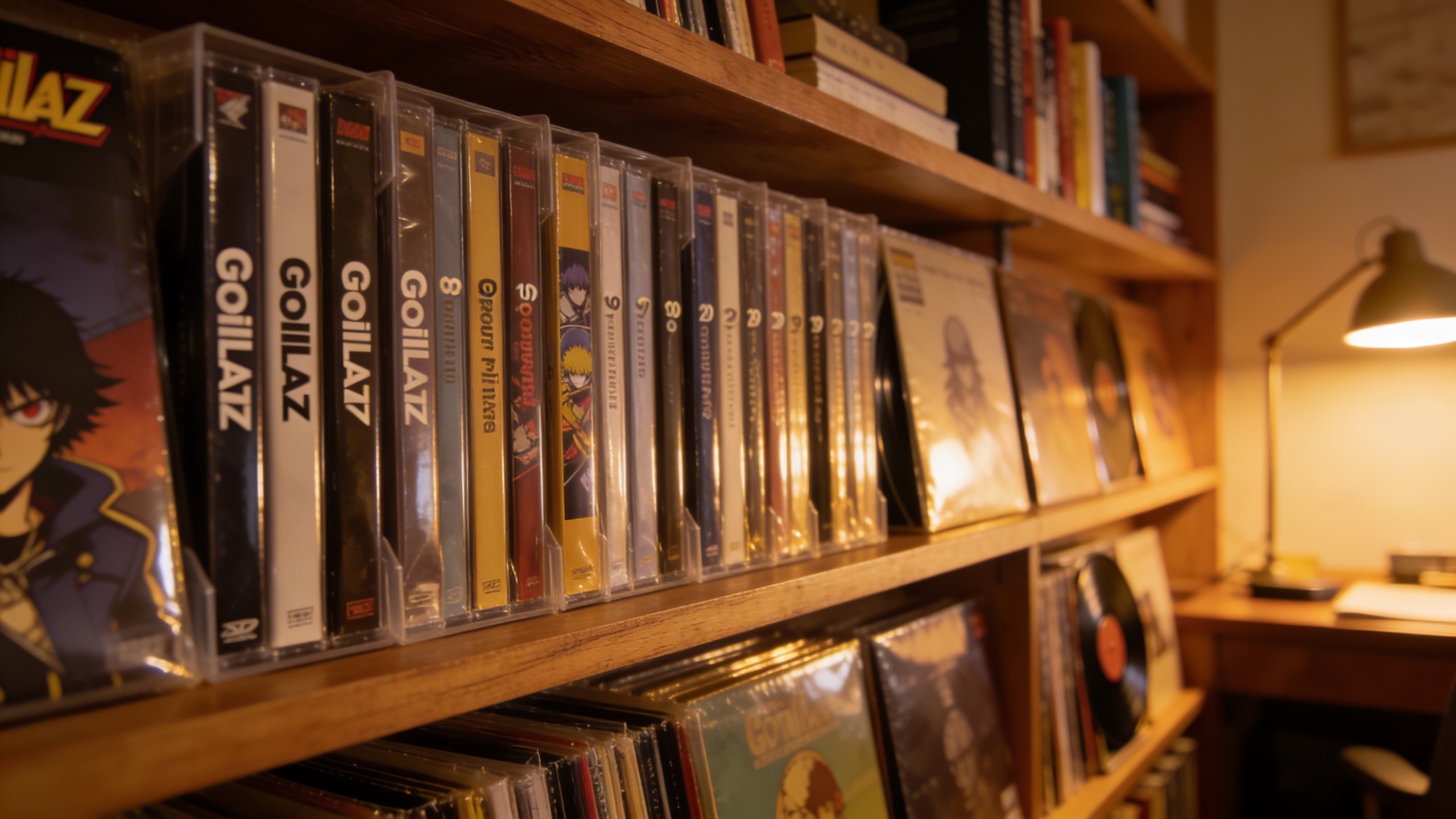 Photorealistic: Organized vinyl collection shelf showing complete Gorillaz discography, proper storage sleeves, warm ambient lighting, collector's study environment, records arranged chronologically w