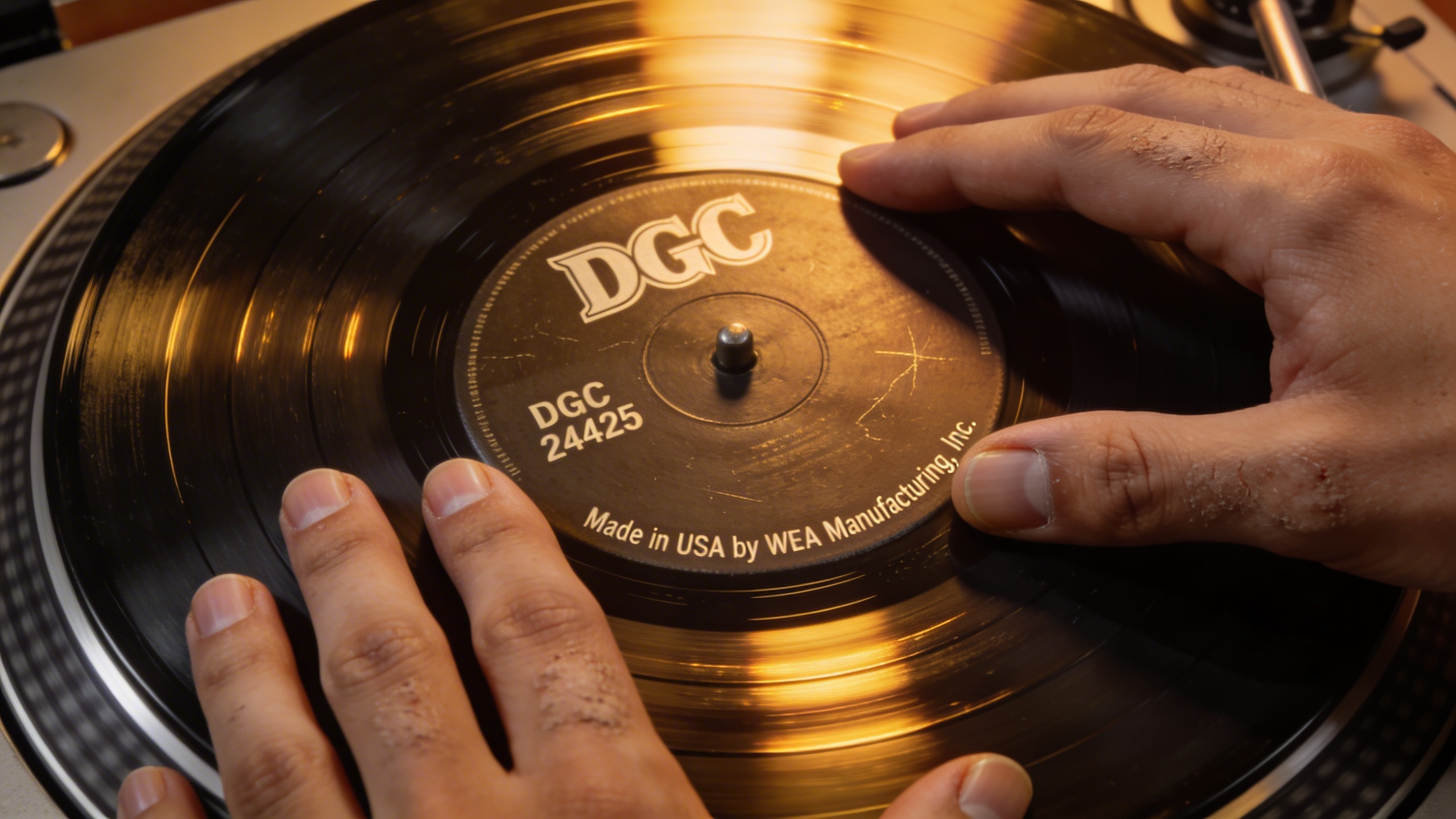 Photorealistic: Close-up of DGC Records label on spinning turntable, showing the distinctive catalog number and pressing details, warm incandescent lighting, vinyl texture clearly visible, collector's