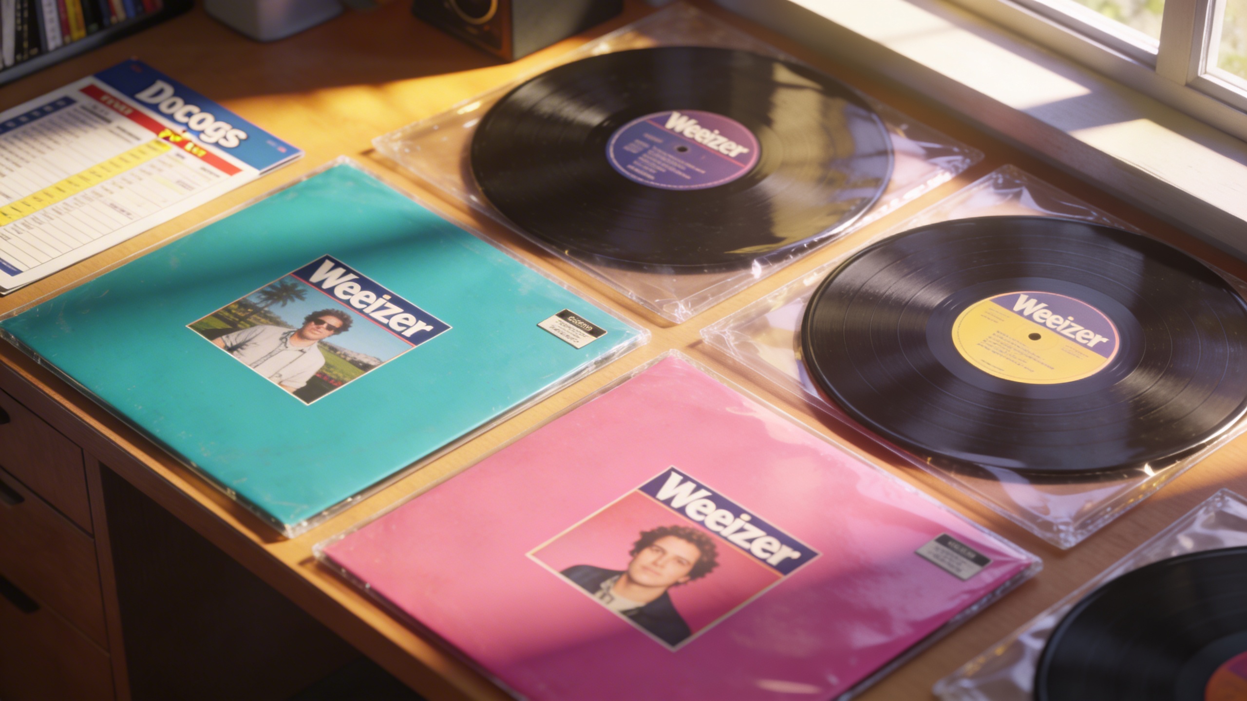 Photorealistic: Array of colorful Weezer vinyl variants spread on a collector's desk - teal, pink, and standard black pressings, each in protective sleeves, natural daylight streaming through window, 