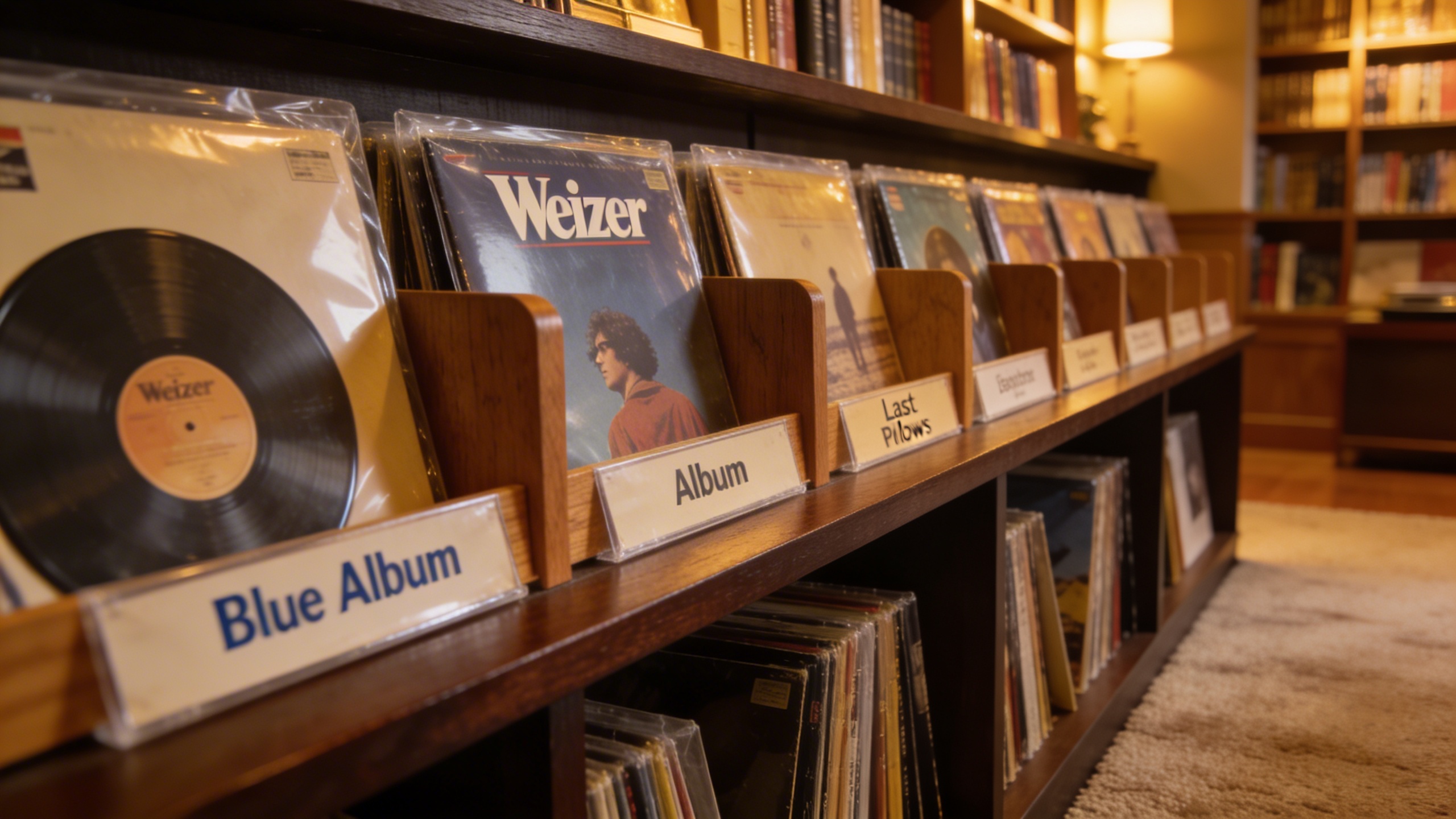 Photorealistic: Collector's shelf displaying complete Weezer vinyl collection in chronological order, from Blue Album to latest releases, proper storage with dividers, warm library lighting, cozy reco