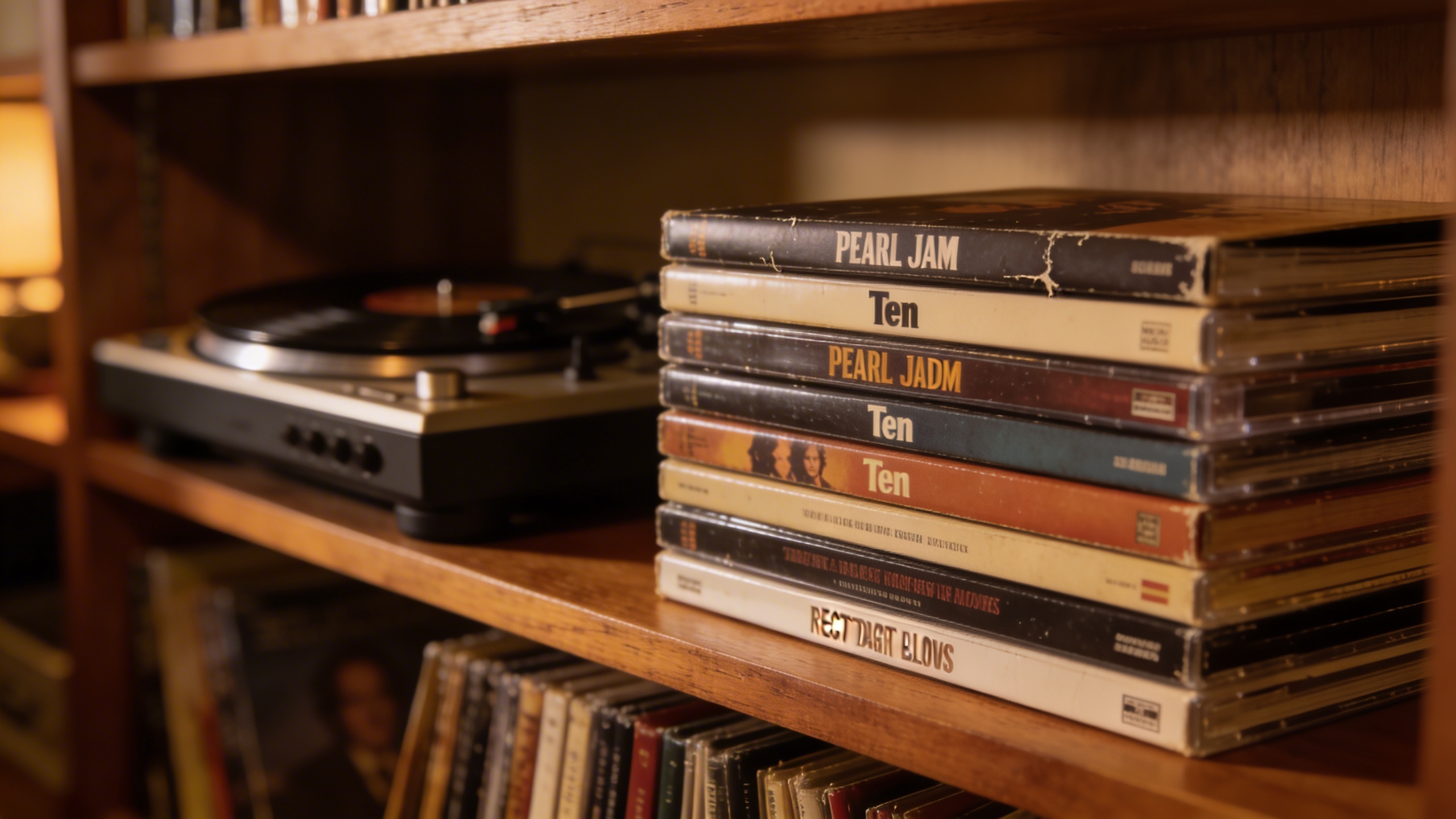 Photorealistic: Stack of Pearl Jam studio albums arranged chronologically from Ten to recent releases, displayed on a collector's shelf with warm tungsten lighting, showing spine details and pressing 